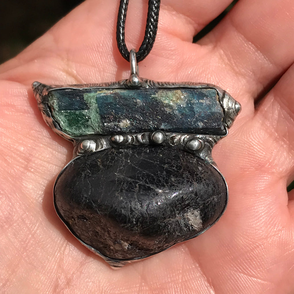 Black Tourmaline and Fuchsite in kyanite pendant