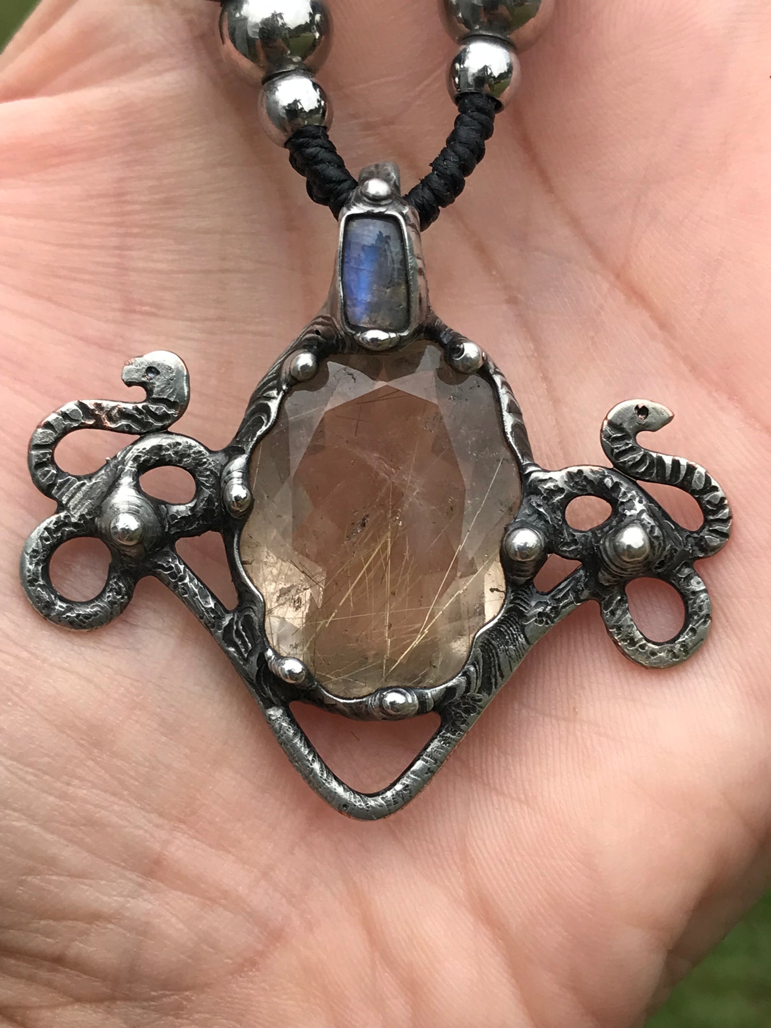 High priestess Golden Rutile and blue flash labradorite serpent pendant