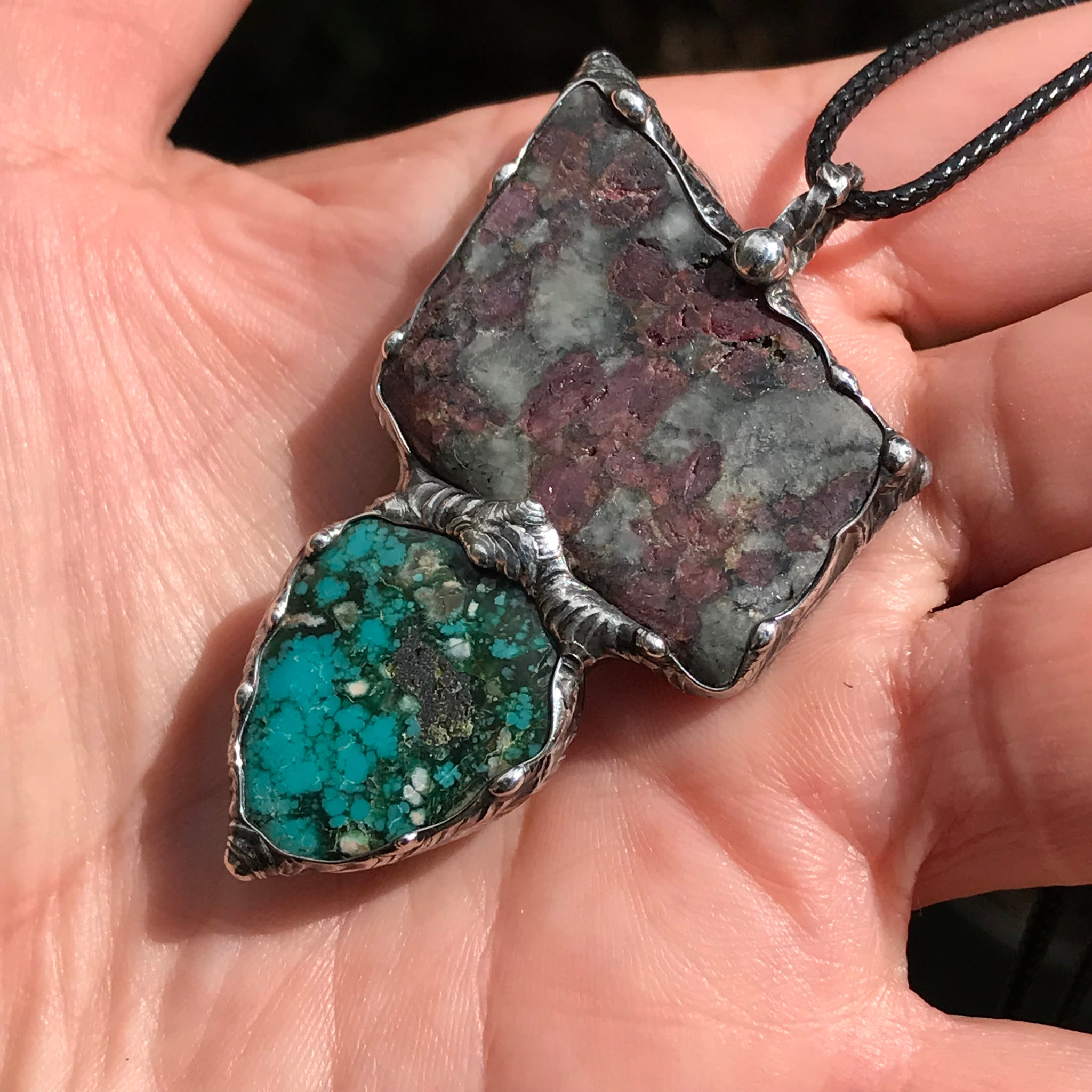 Eudialite and persian turquoise pendant