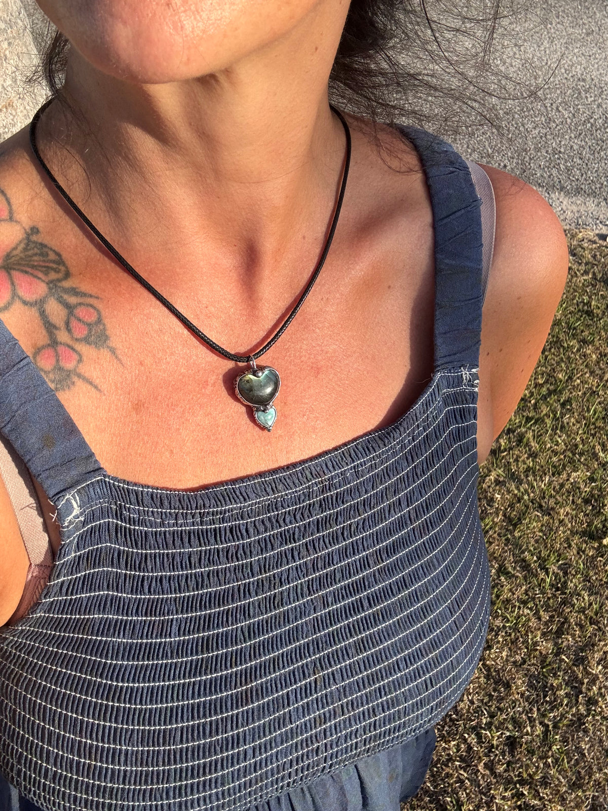 TWIN FLAME HEARTS - Golden Labradorite + Larimar Double Heart