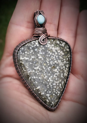 Ocean jasper and Larimar wite wrap crystal pendant