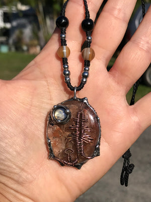 Bespoke tree landscape on hematite Quartz adorned with a mystical opalite moon