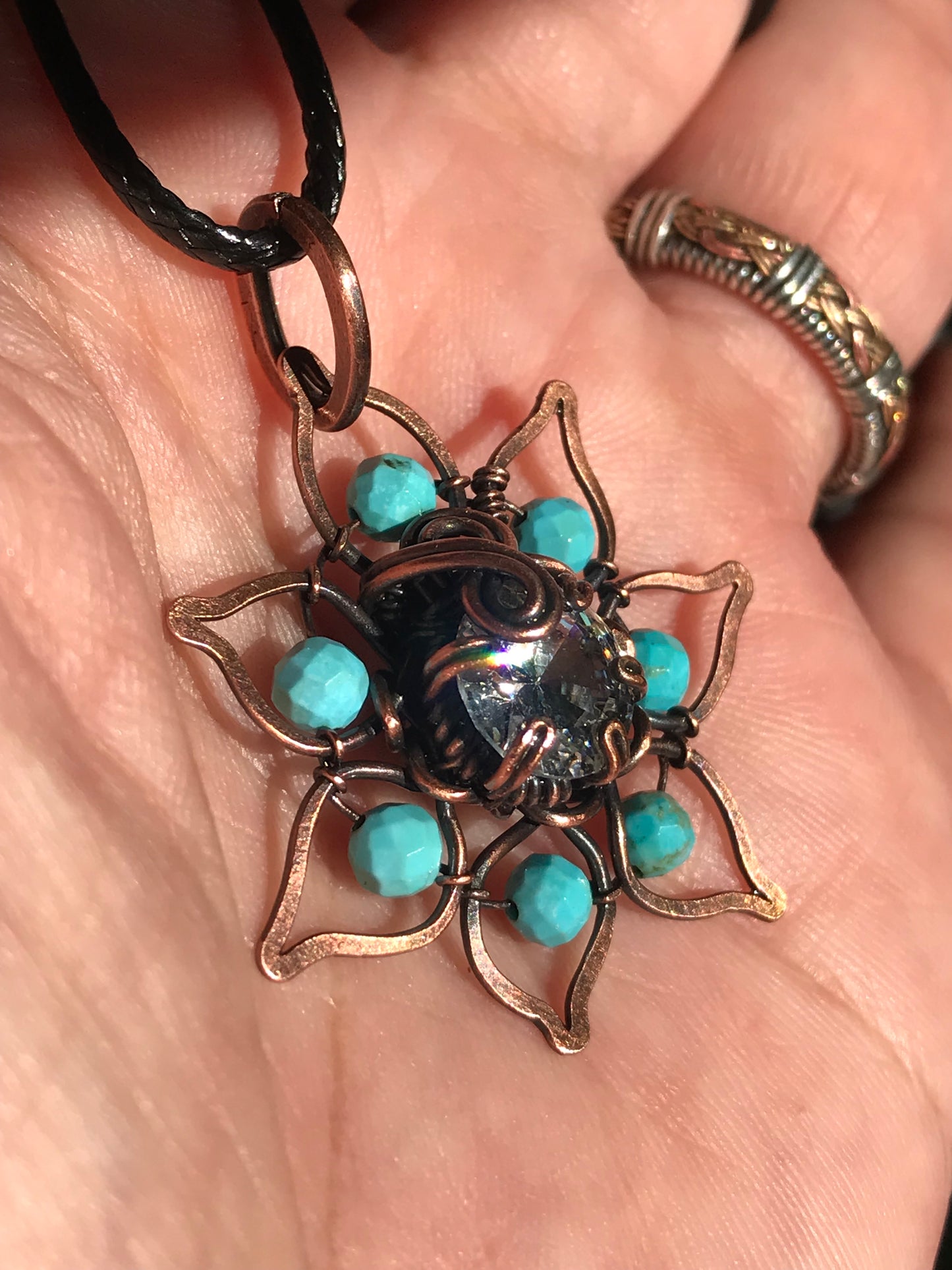 Copper crafted lotus flower pendant with Turquoise
