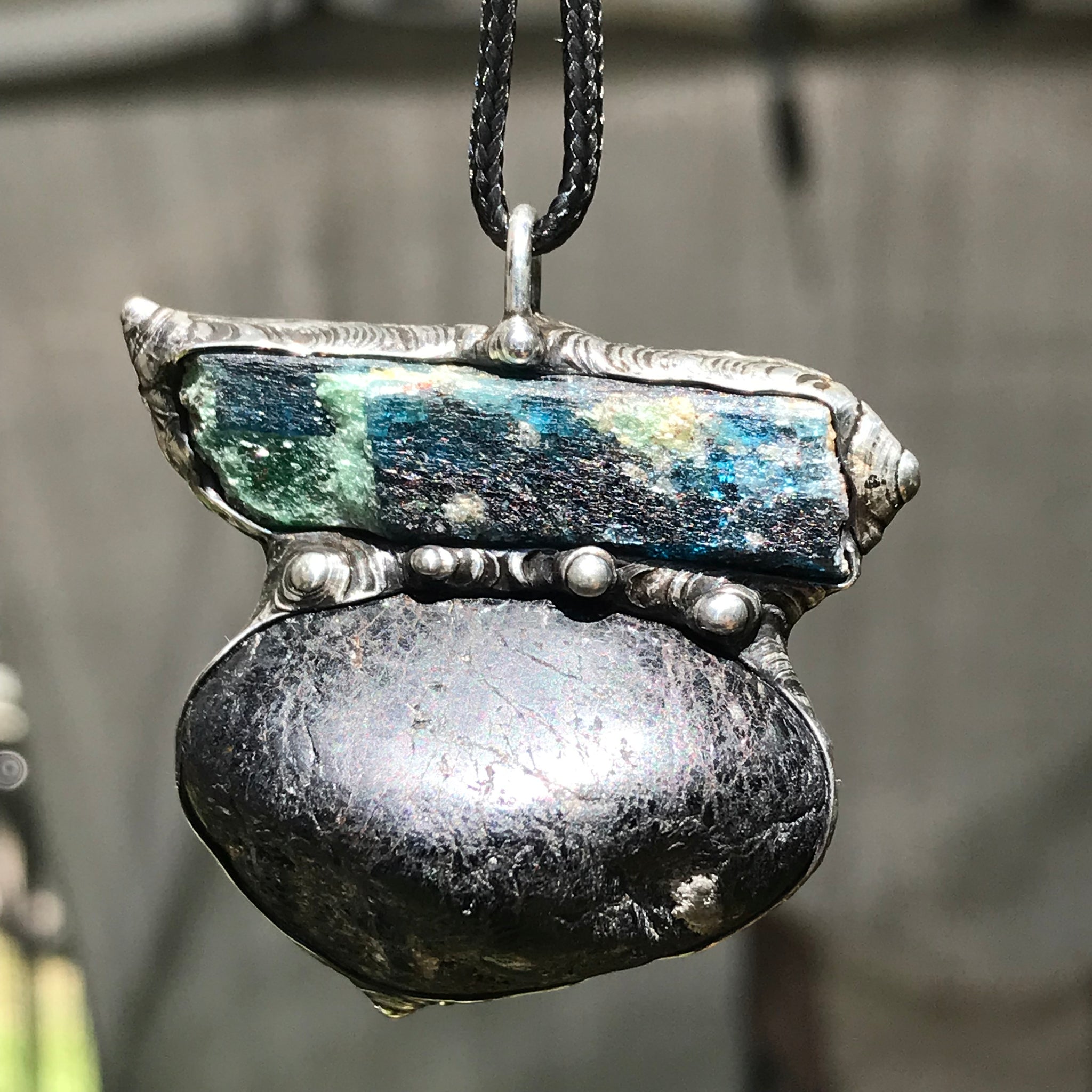 Black Tourmaline and Fuchsite in kyanite pendant