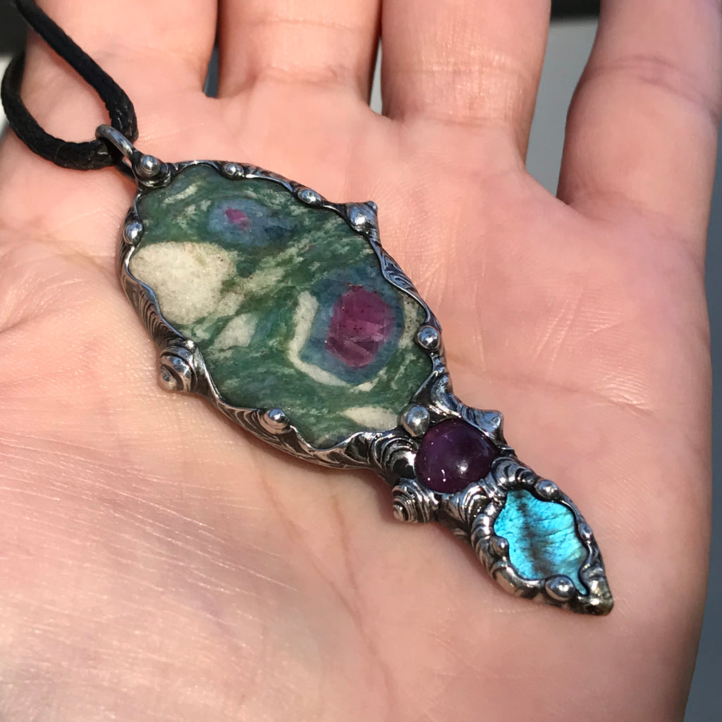 Ruby Fuchsite, Amethyst and Labradorite Crystal pendant