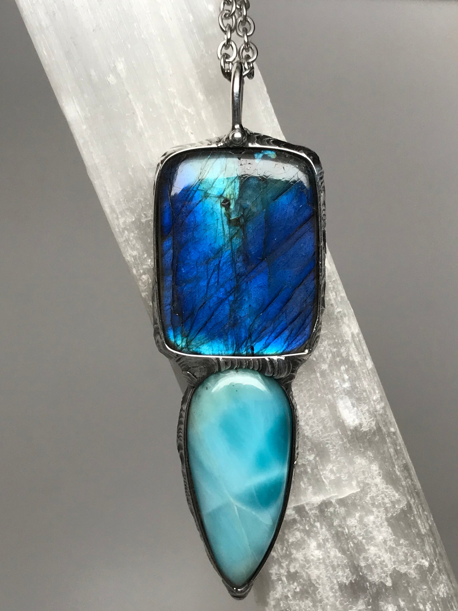 Blue flash Labradorite and Larimar pendant