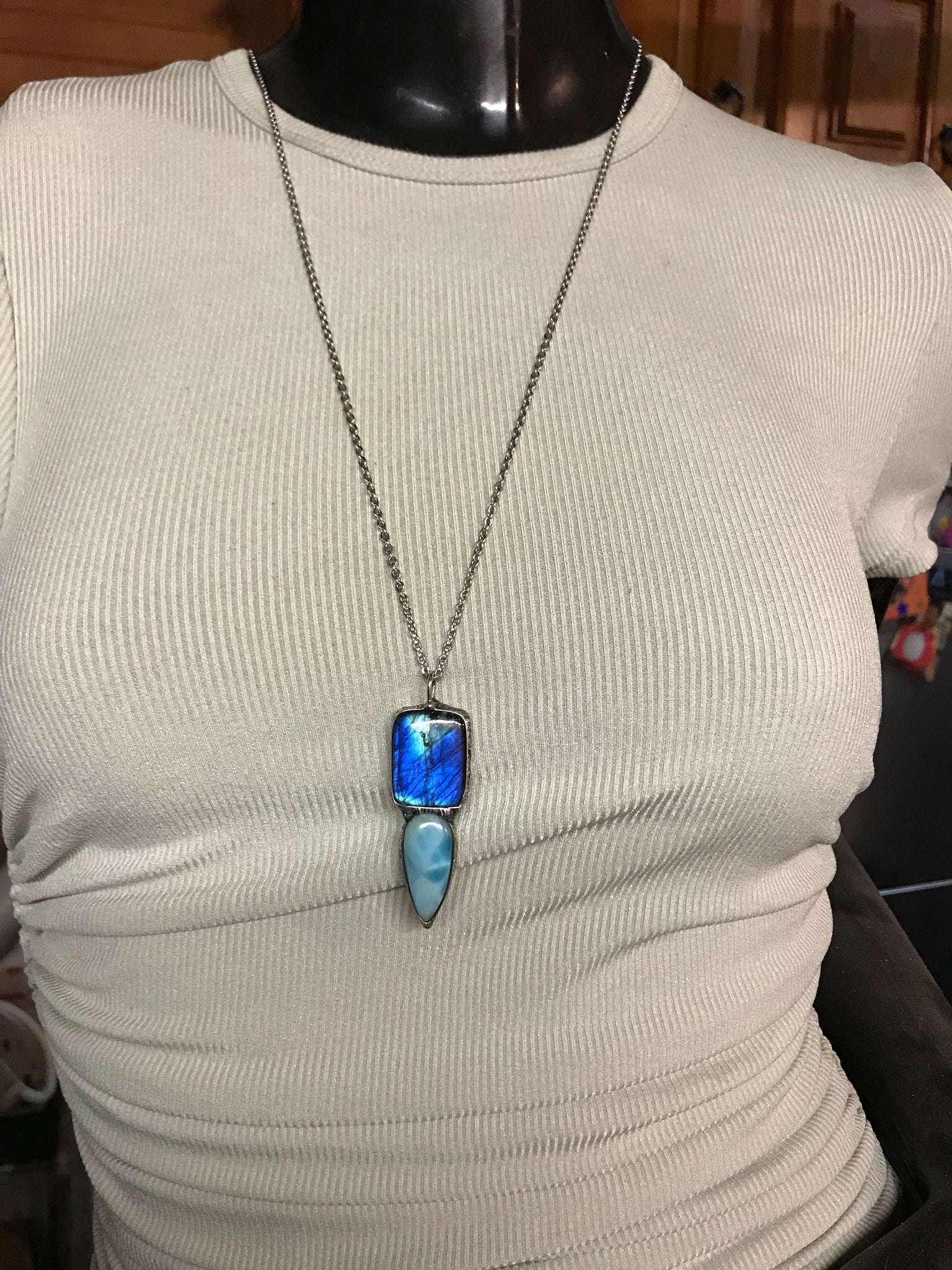 Blue flash Labradorite and Larimar pendant