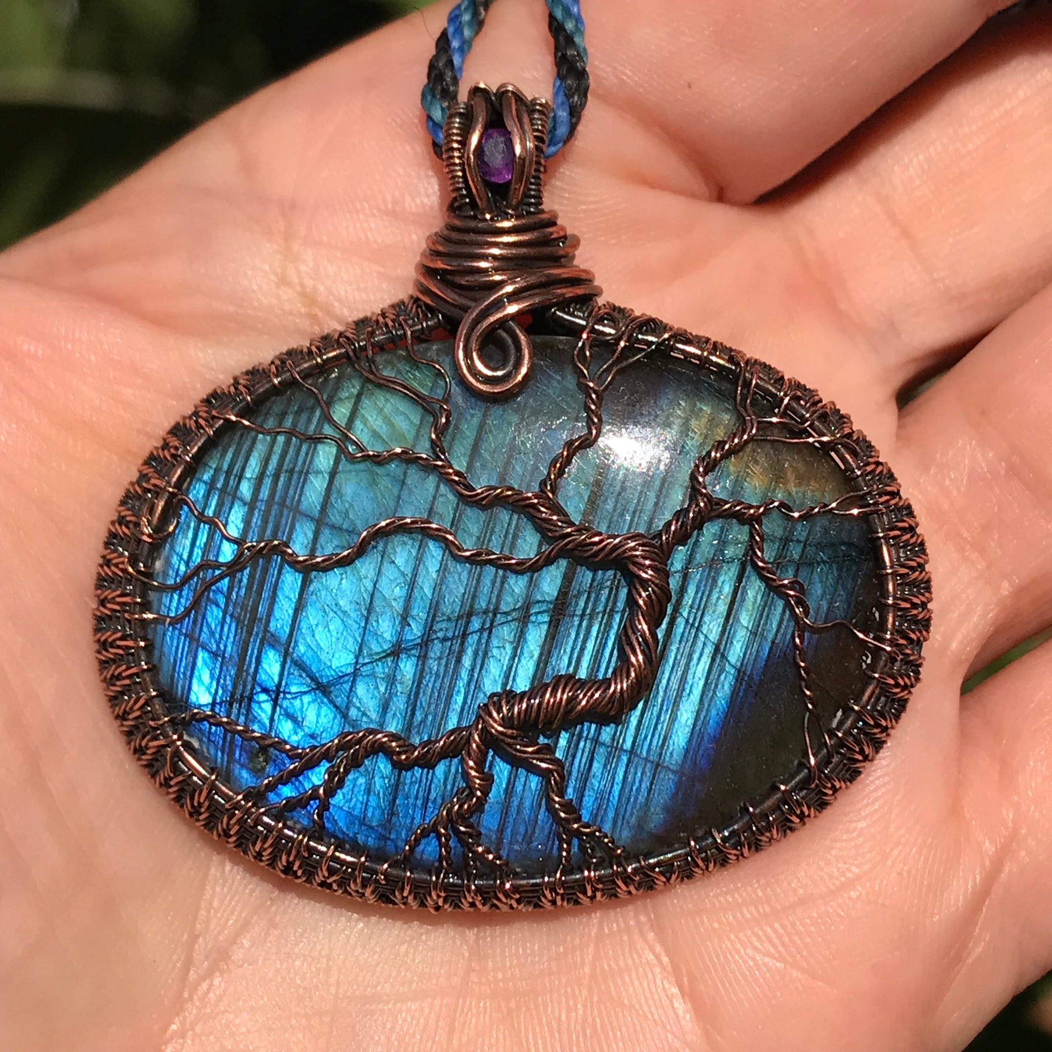 Wire wrapped tree of life on Blue Flash Labradorite Crystal adorned with Amethyst ✨