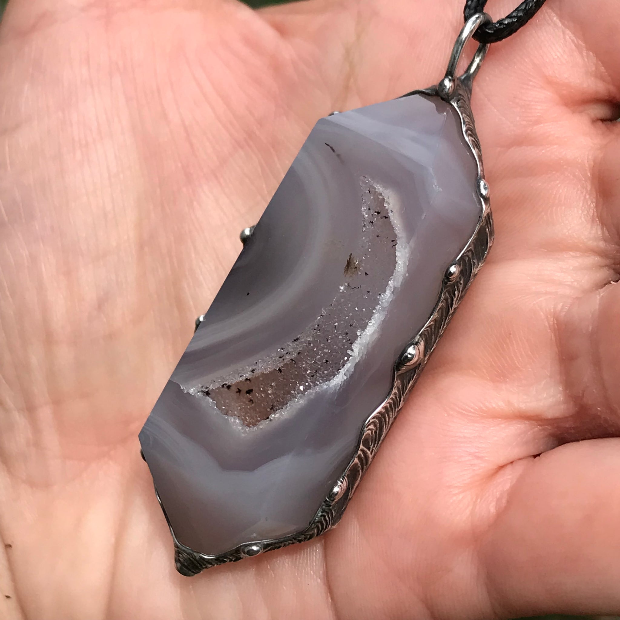 Double terminated agatised Chalcedony with sparkly Druzy moon pocket