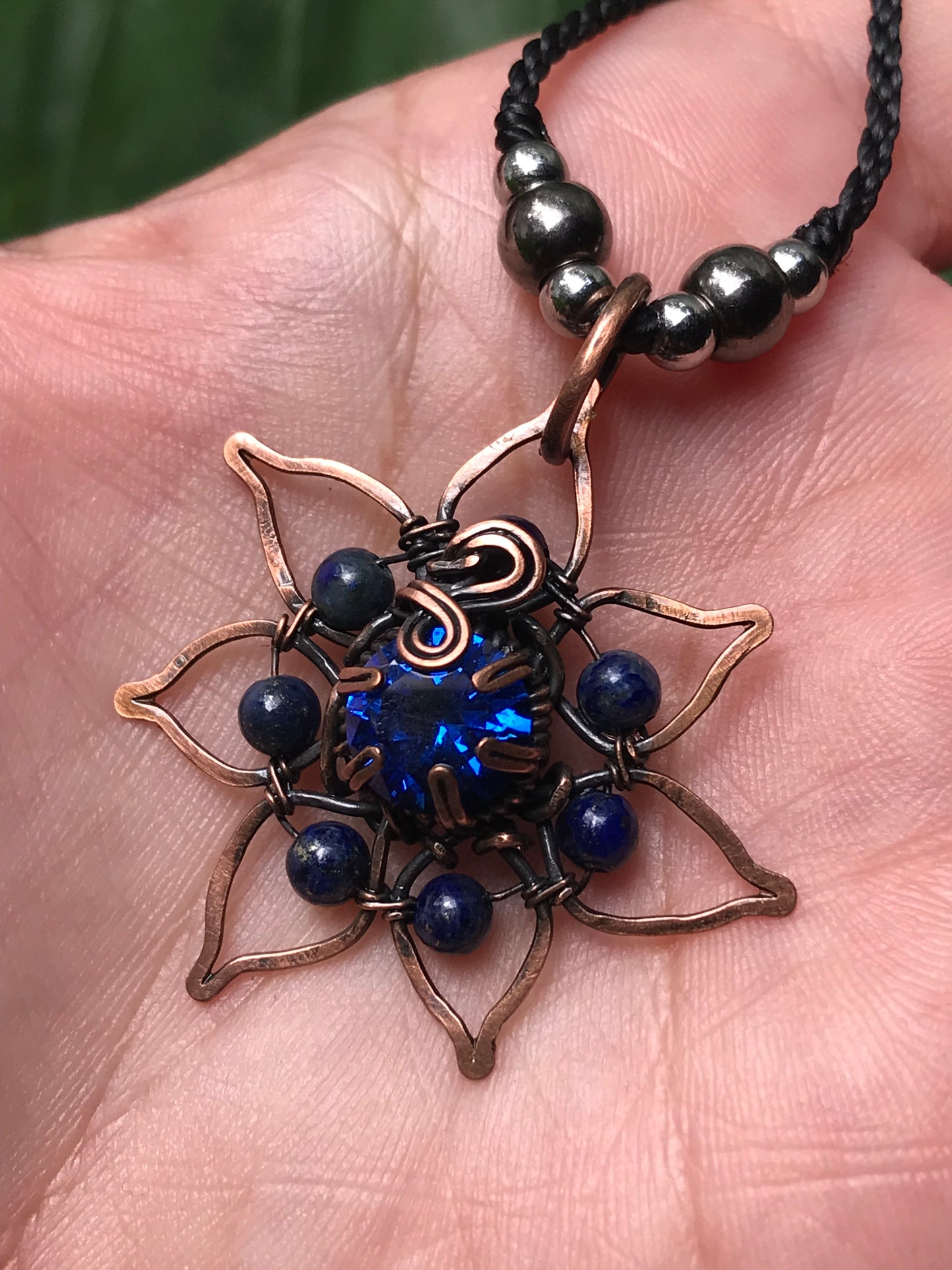 Copper crafted lotus flower pendant with Lapis Lazuli