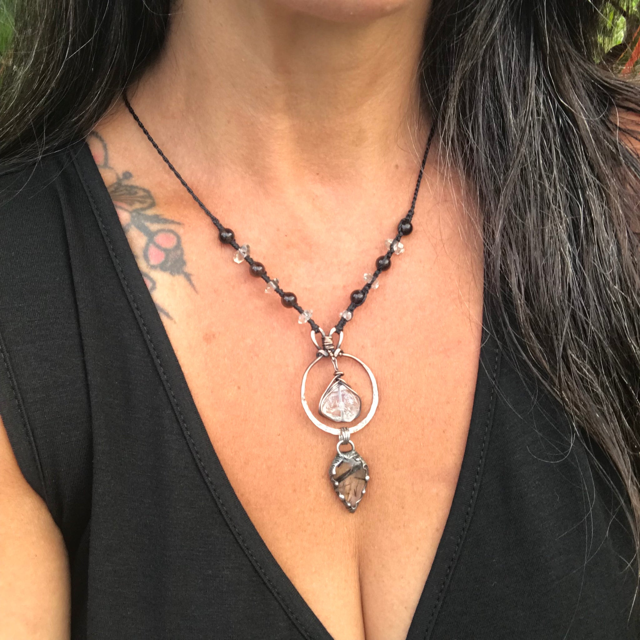Hammered copper pendant with Herkimer diamond crystal, Tourmalinated and smoky quartz