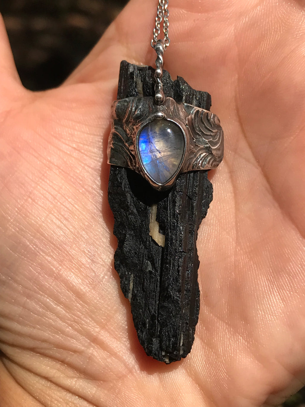 Black striated Tourmaline and rainbow moonstone point pendant