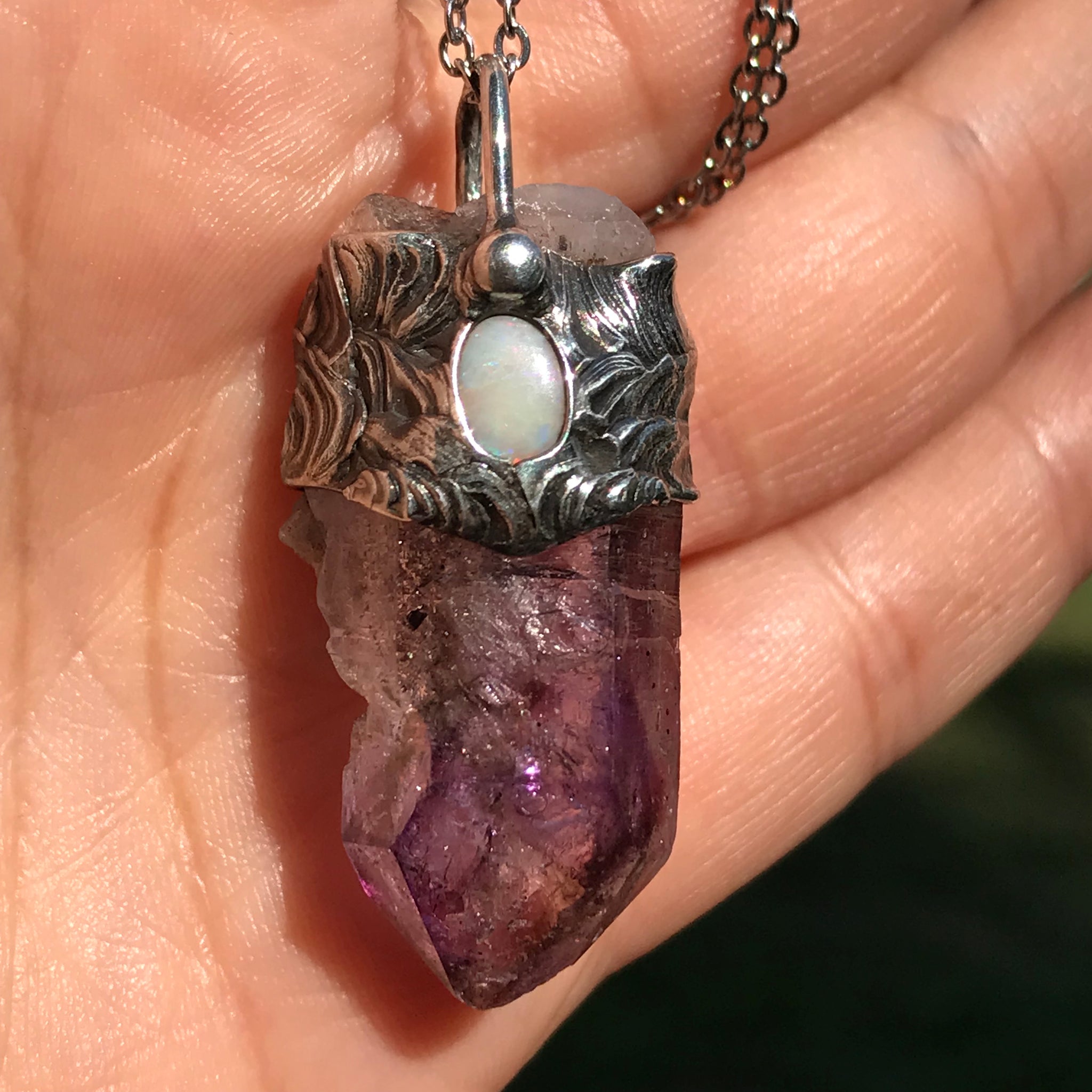 African Shangaan Amethyst and lightning ridge opal point pendant