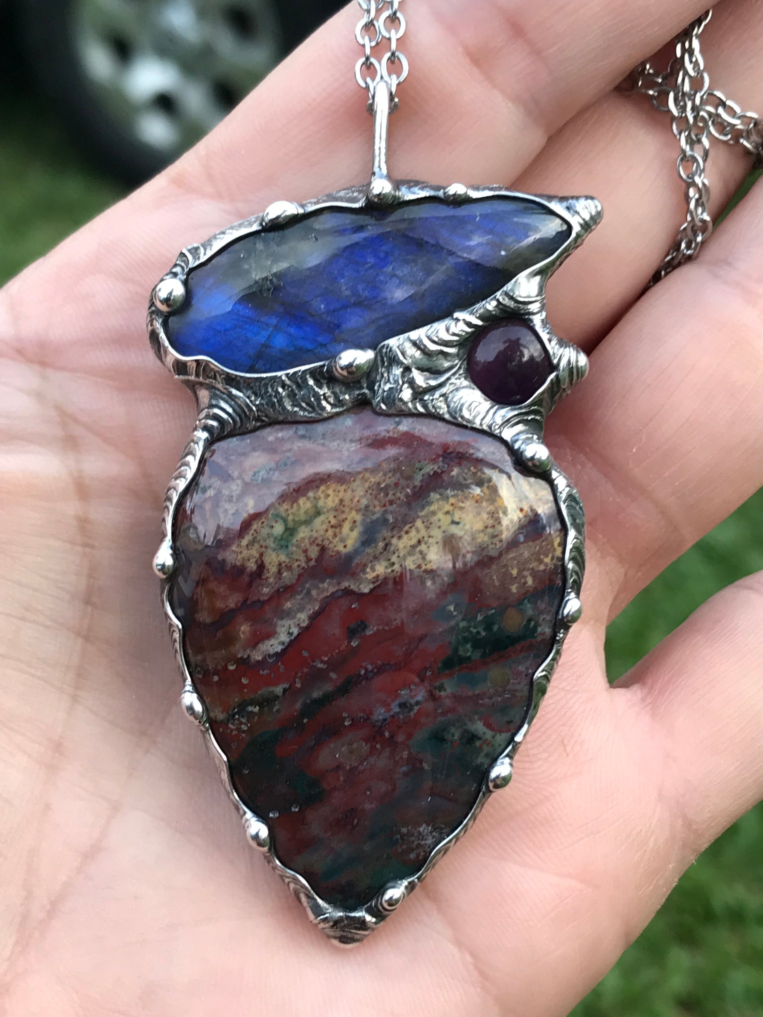 Bloodstone, blue flash Labradorite and Amethyst