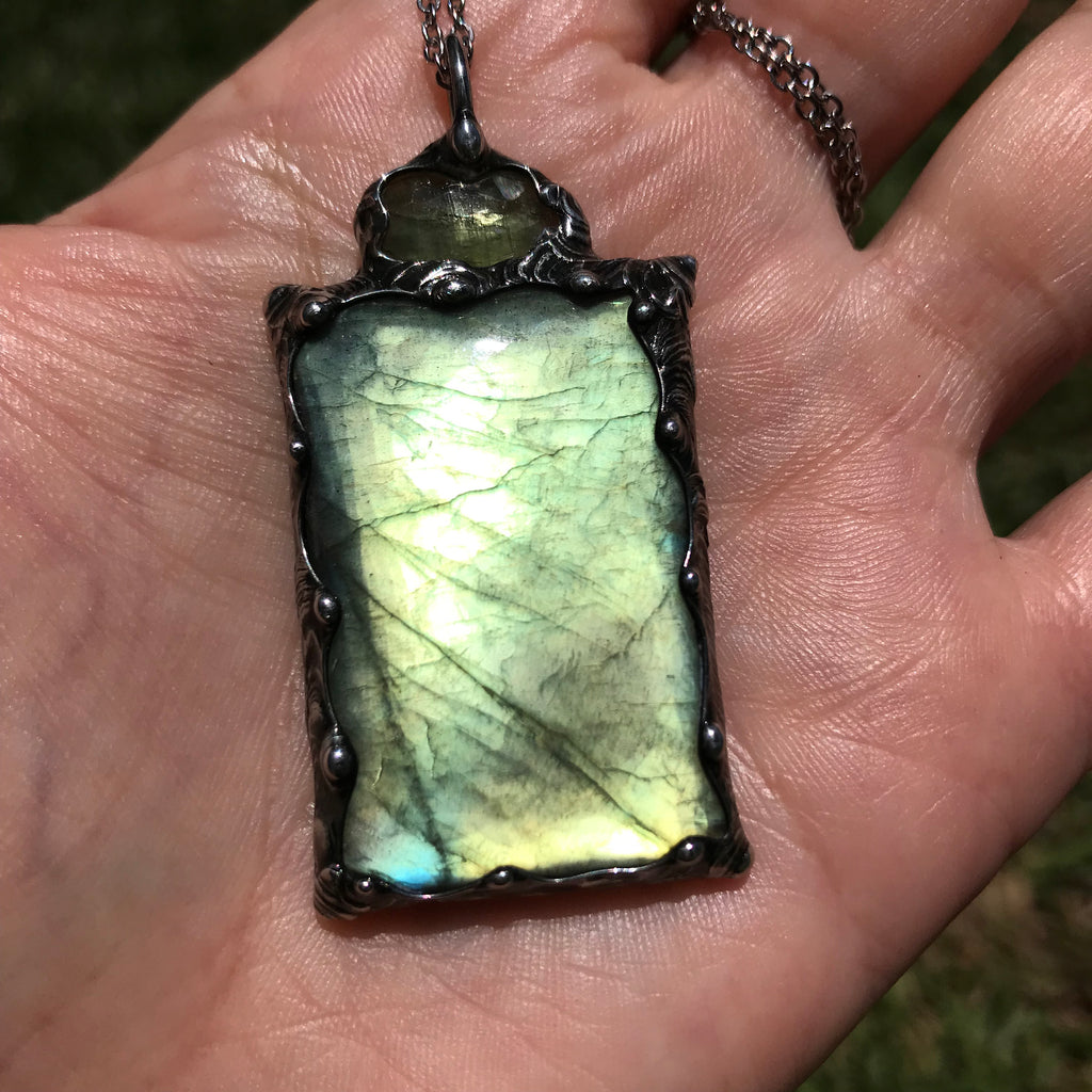 Reserved for Marisa Green Flash Labradorite Crystal pendant with green faceted kyanite