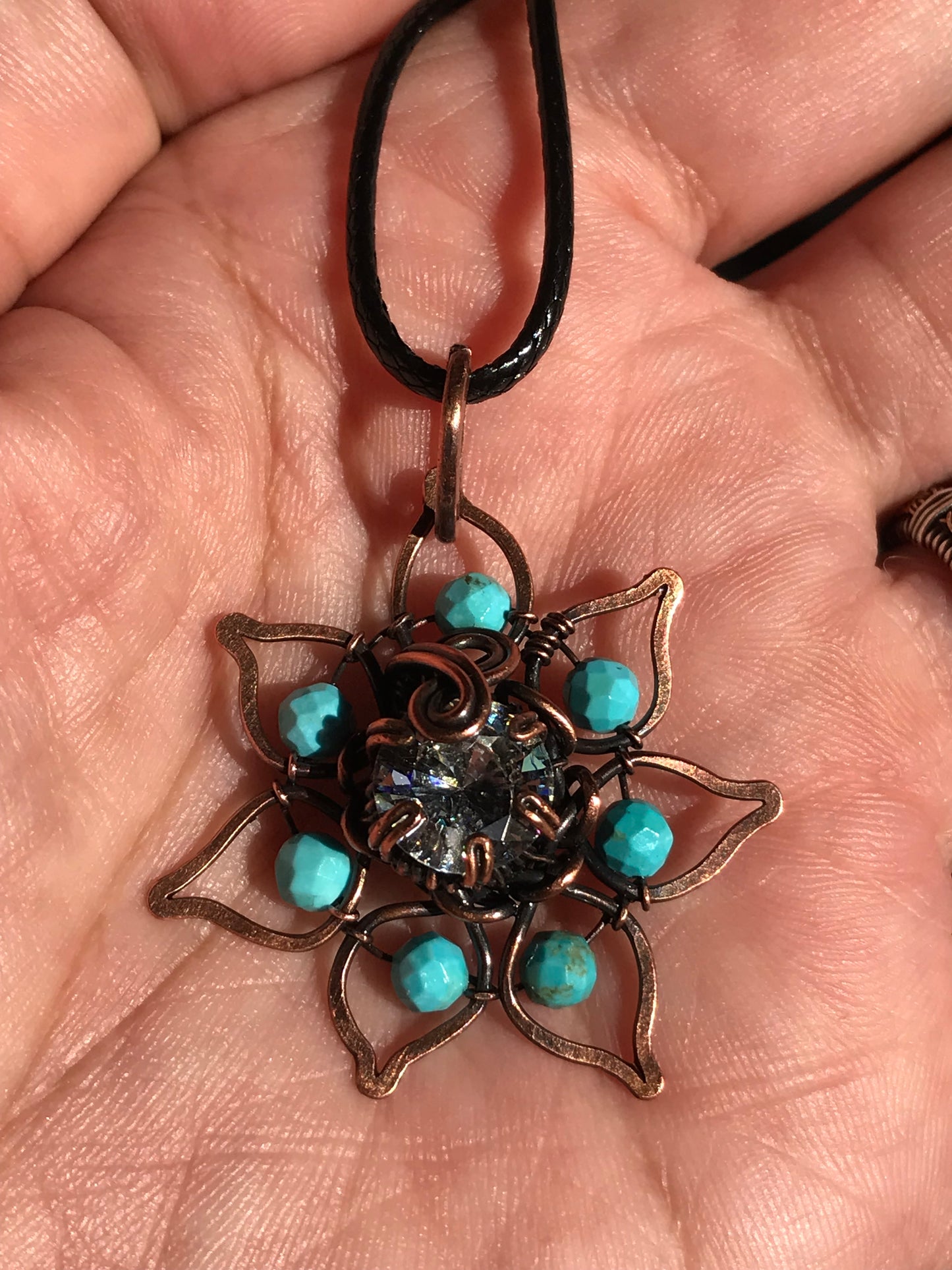 Copper crafted lotus flower pendant with Turquoise