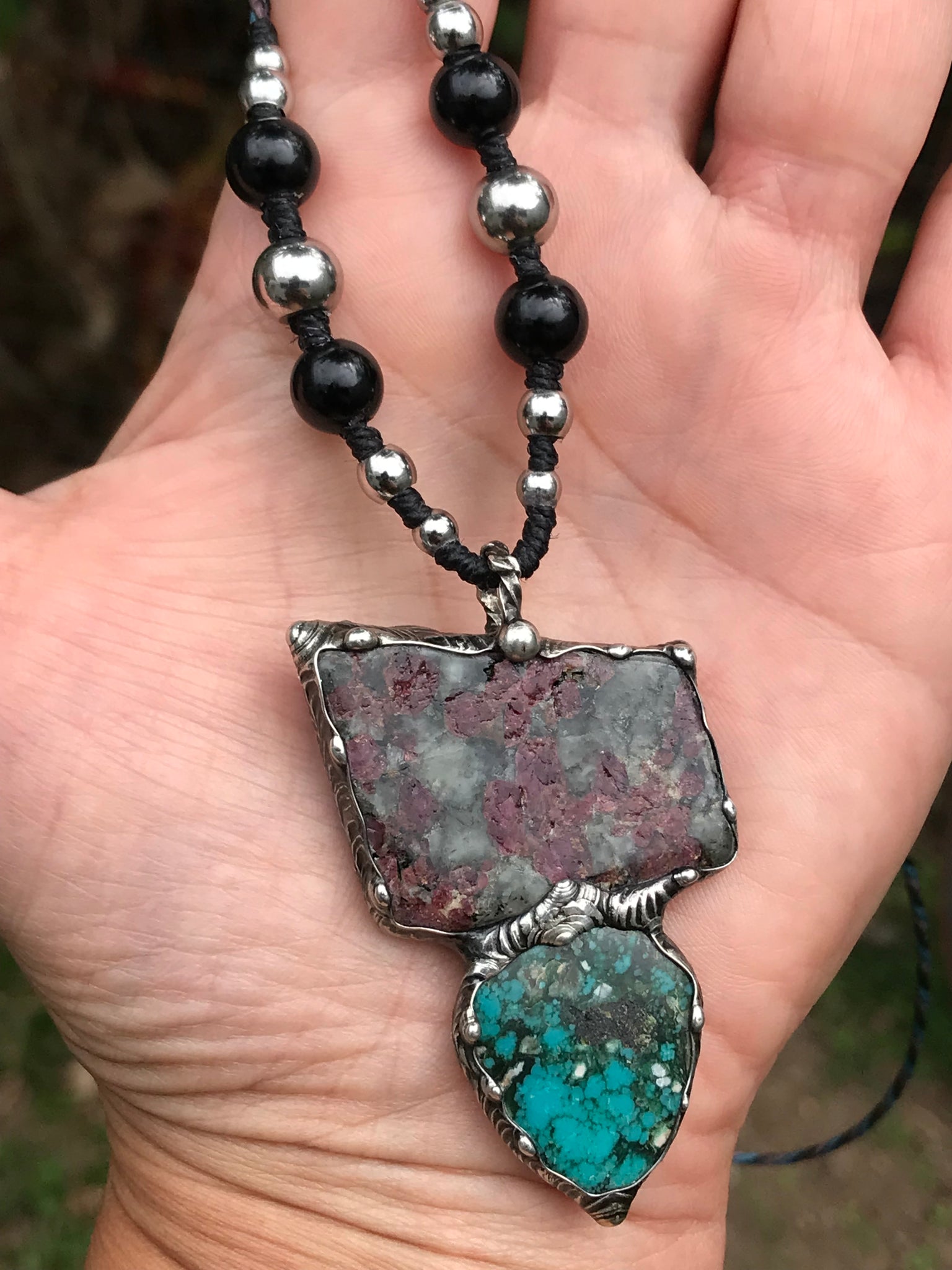 Eudialite and persian turquoise pendant