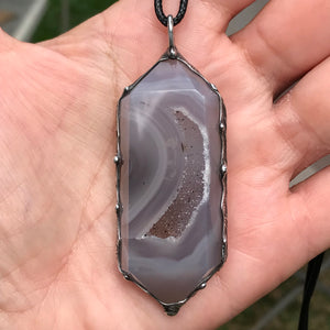 Double terminated agatised Chalcedony with sparkly Druzy moon pocket