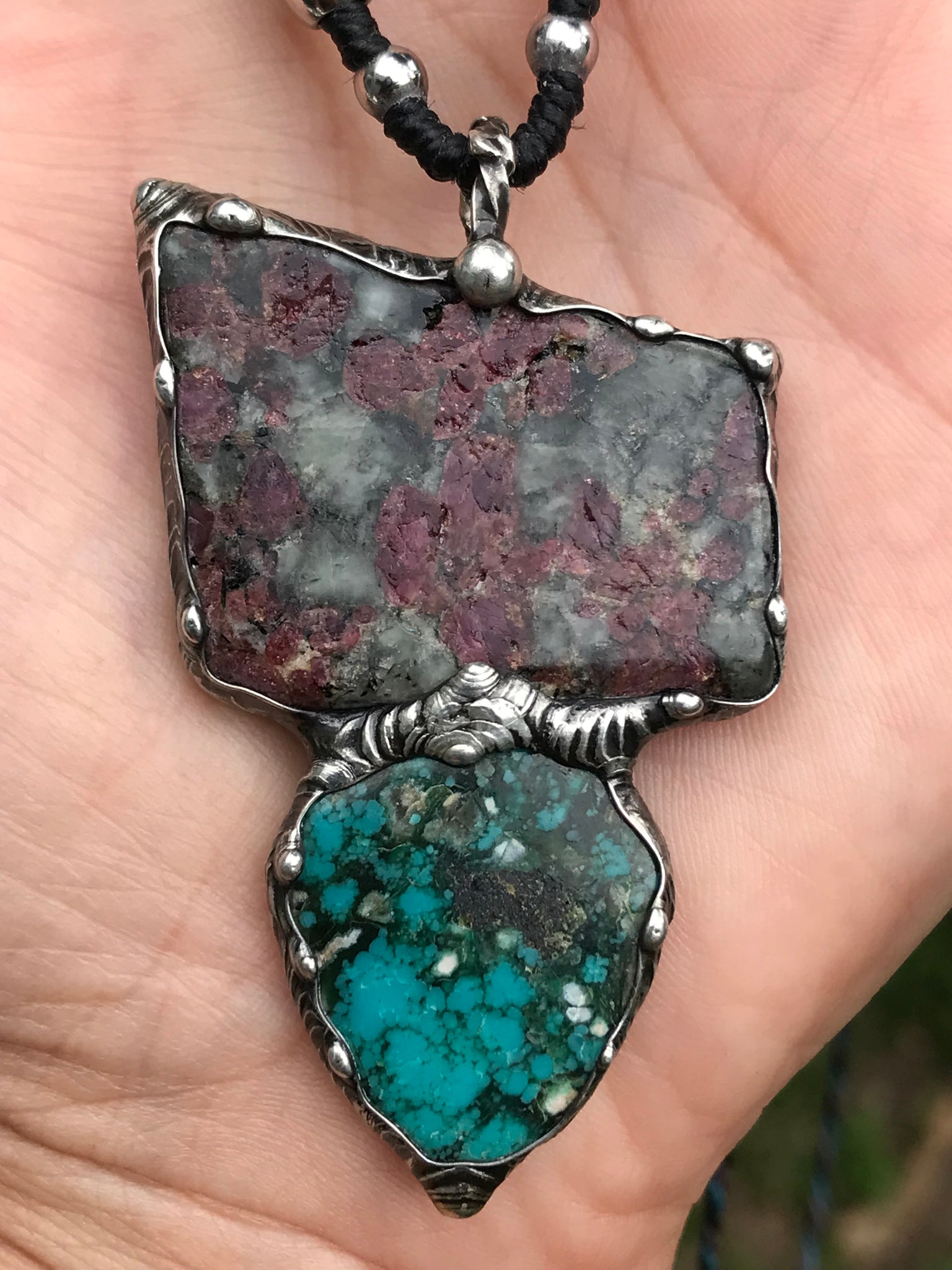 Eudialite and persian turquoise pendant