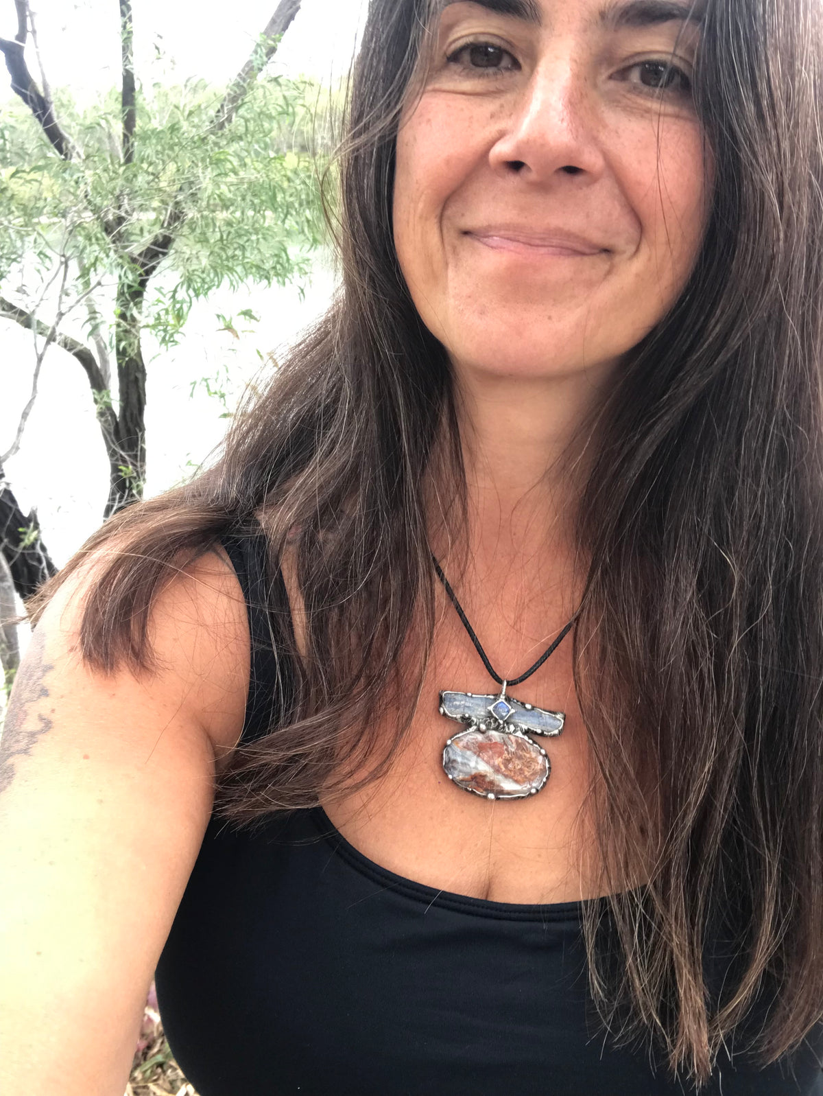 Crazy Lace Agate, blue Kyanite and moonstone triple statement pendant