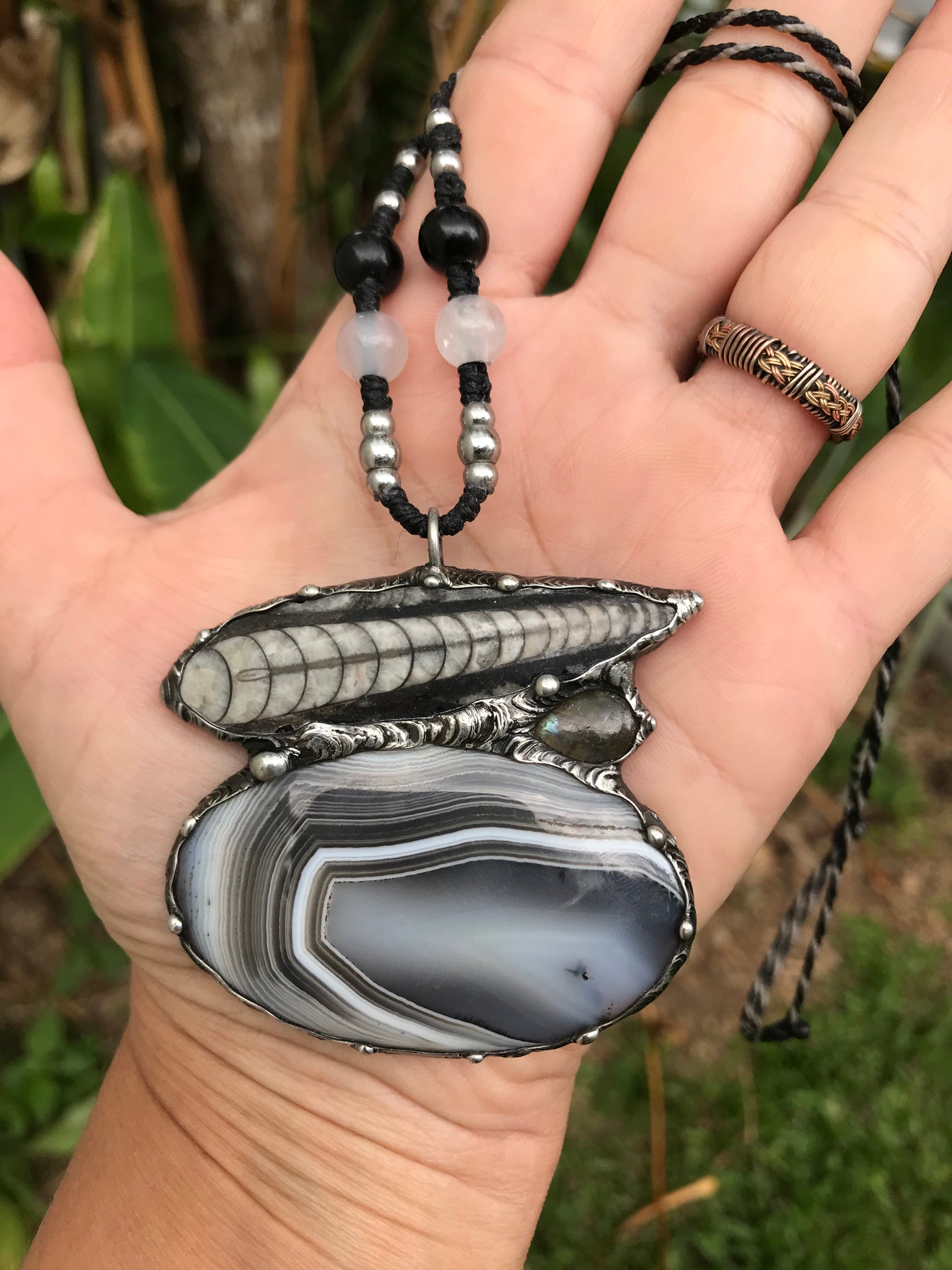 Statement Agate, Orthaceras and Labradorite pendant