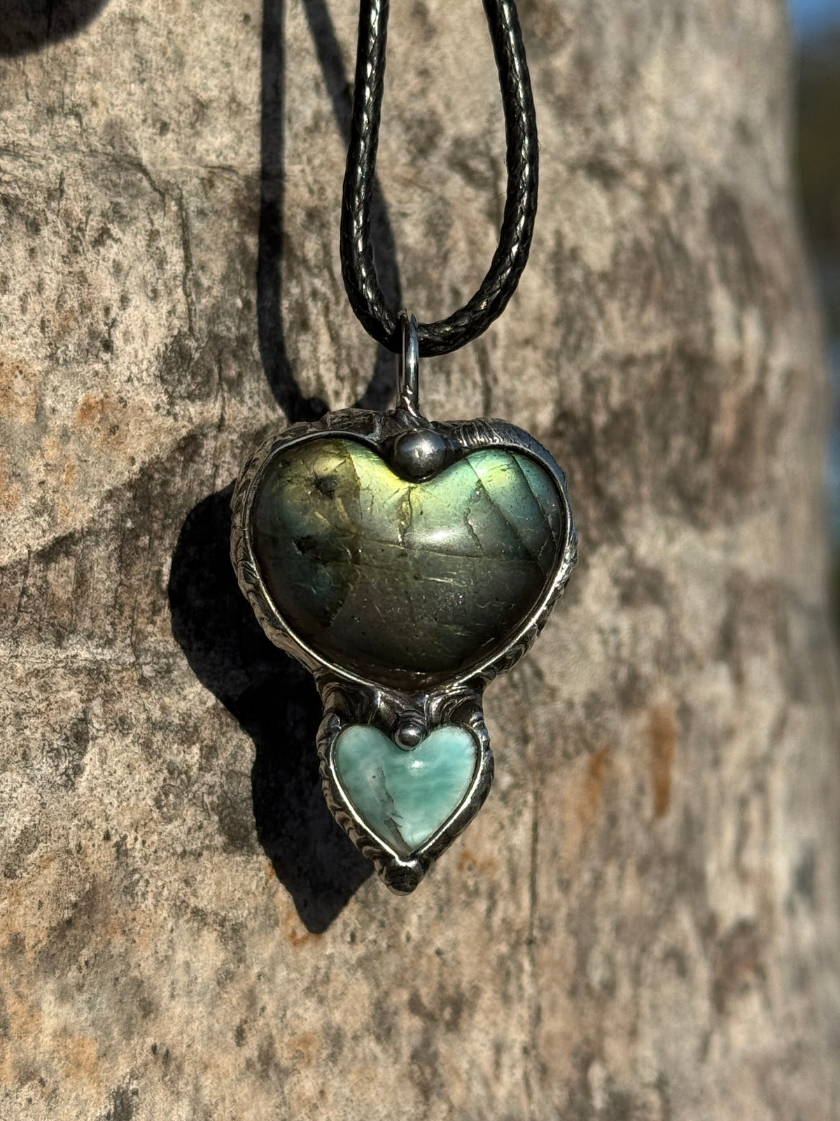 TWIN FLAME HEARTS - Golden Labradorite + Larimar Double Heart