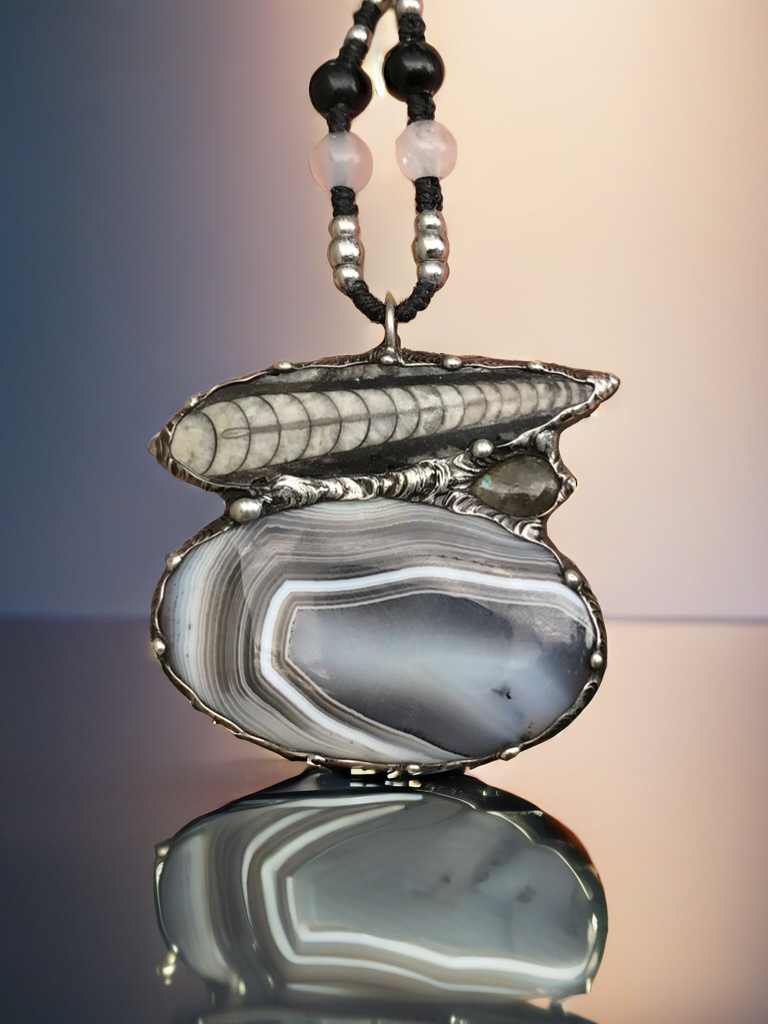 Statement Agate, Orthaceras and Labradorite pendant