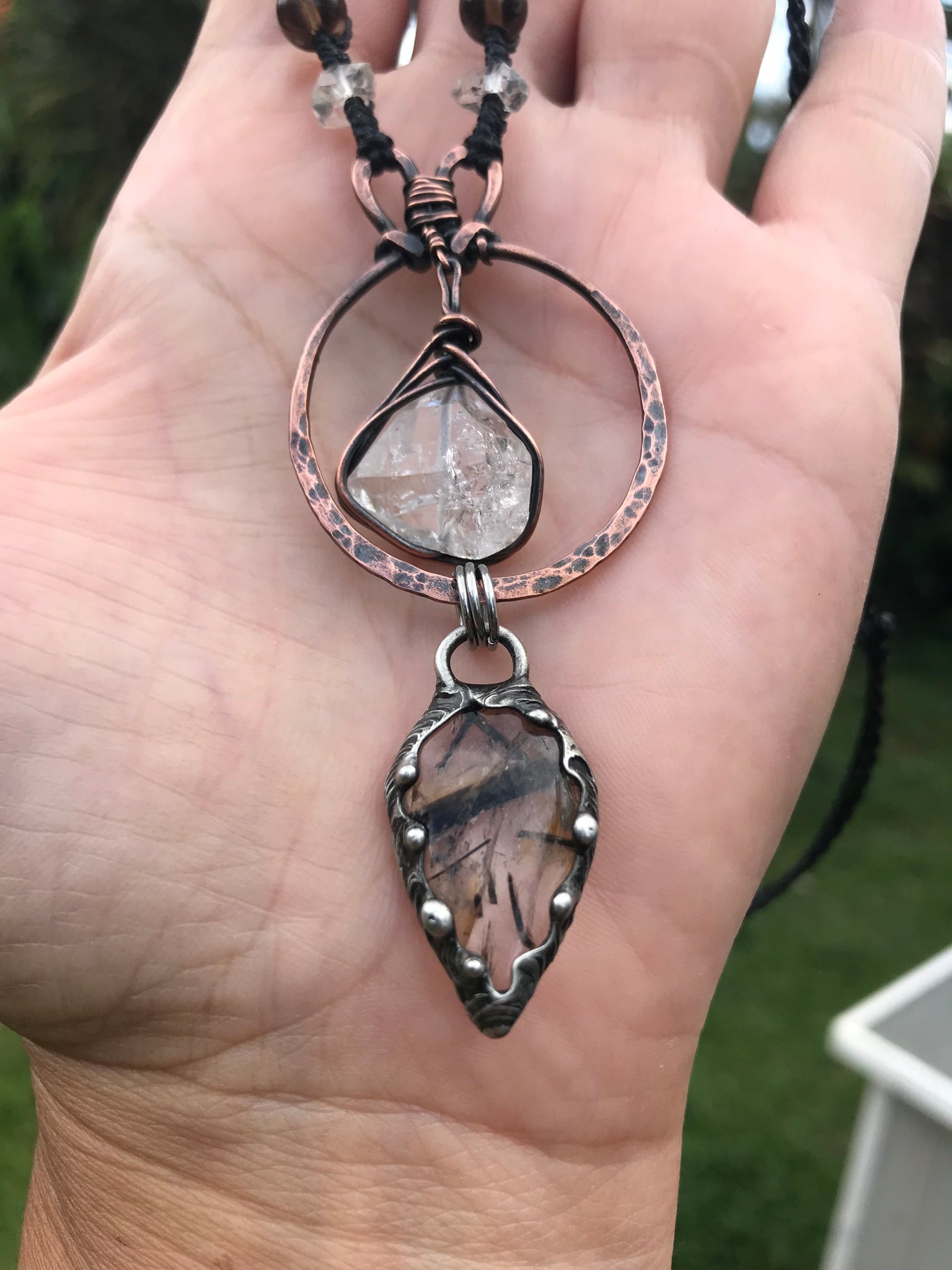 Hammered copper pendant with Herkimer diamond crystal, Tourmalinated and smoky quartz