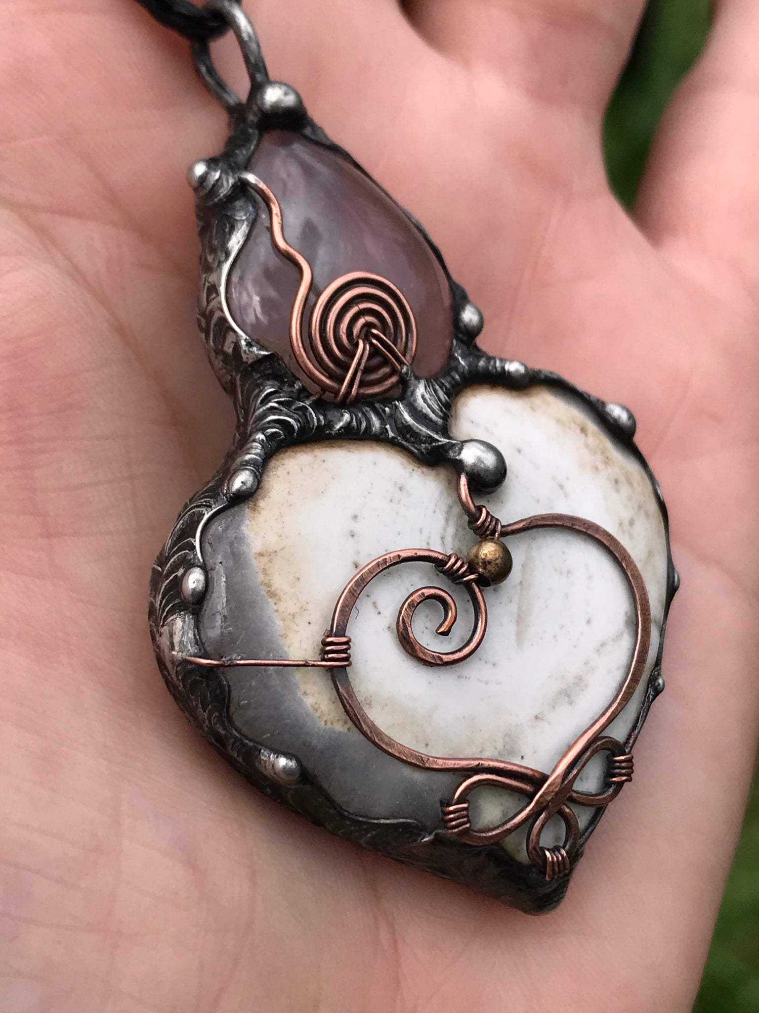 Solar Quartz heart/Rosequartz pendant adorned with a Celtic copper heart and spiral