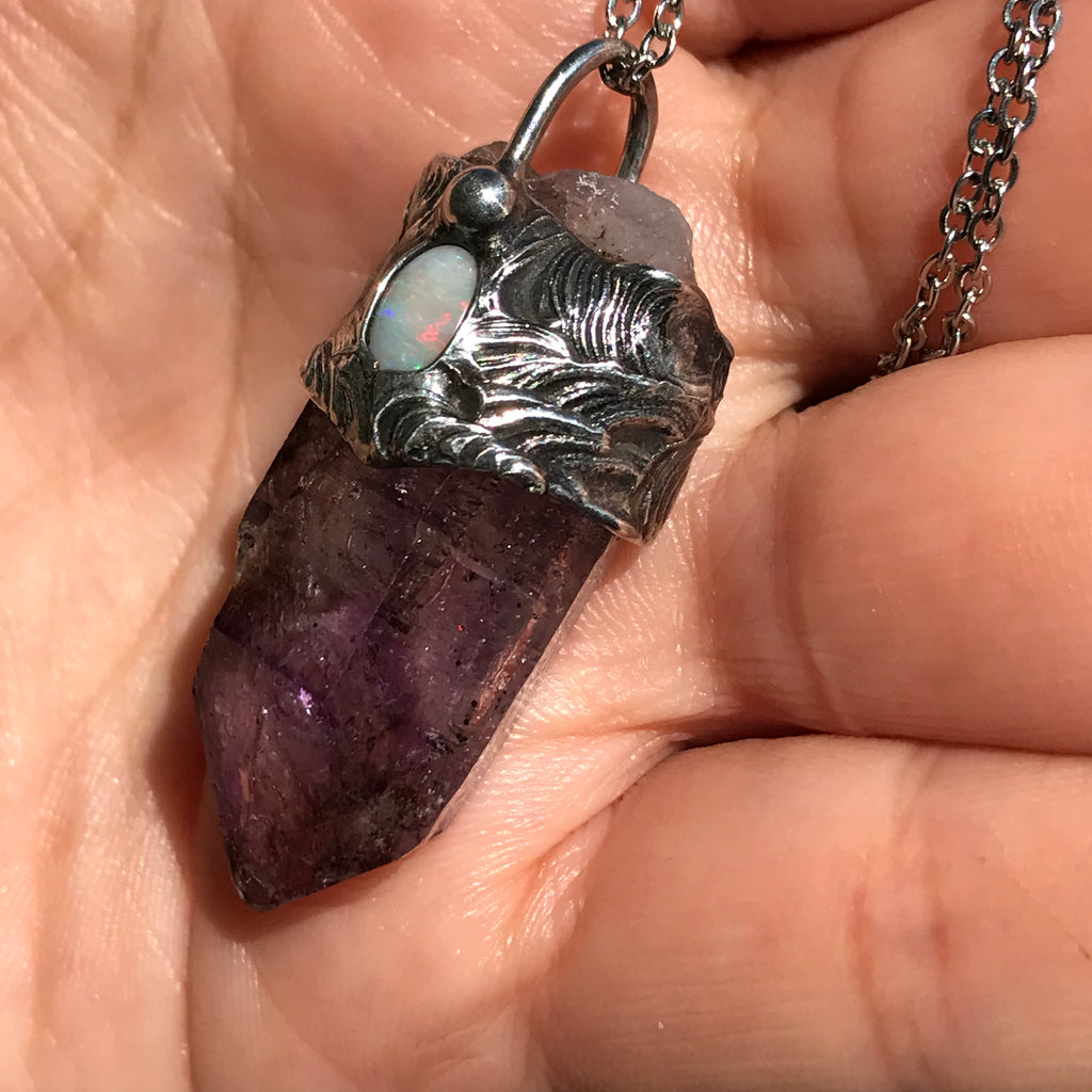 African Shangaan Amethyst and lightning ridge opal point pendant