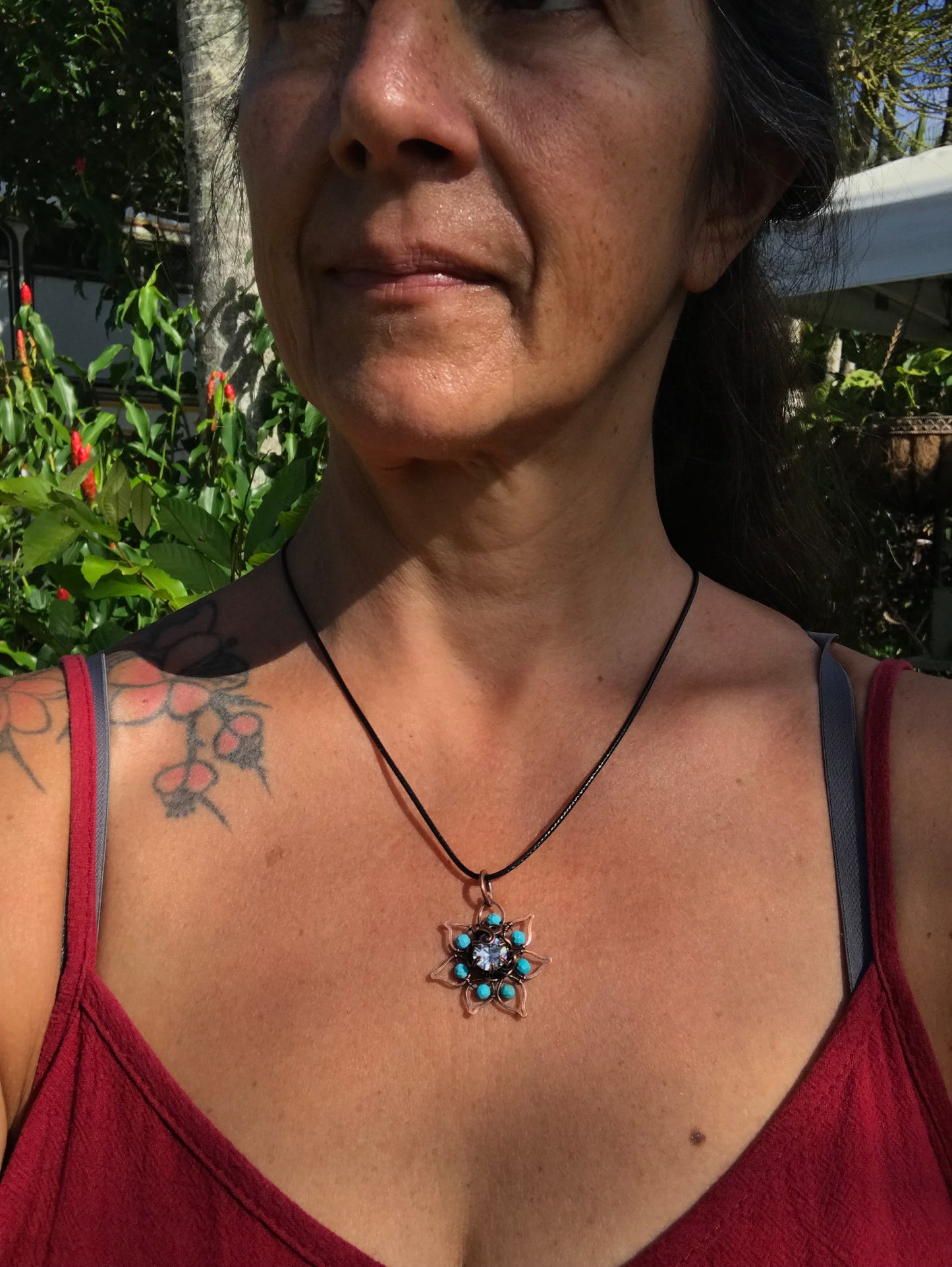 Copper crafted lotus flower pendant with Turquoise