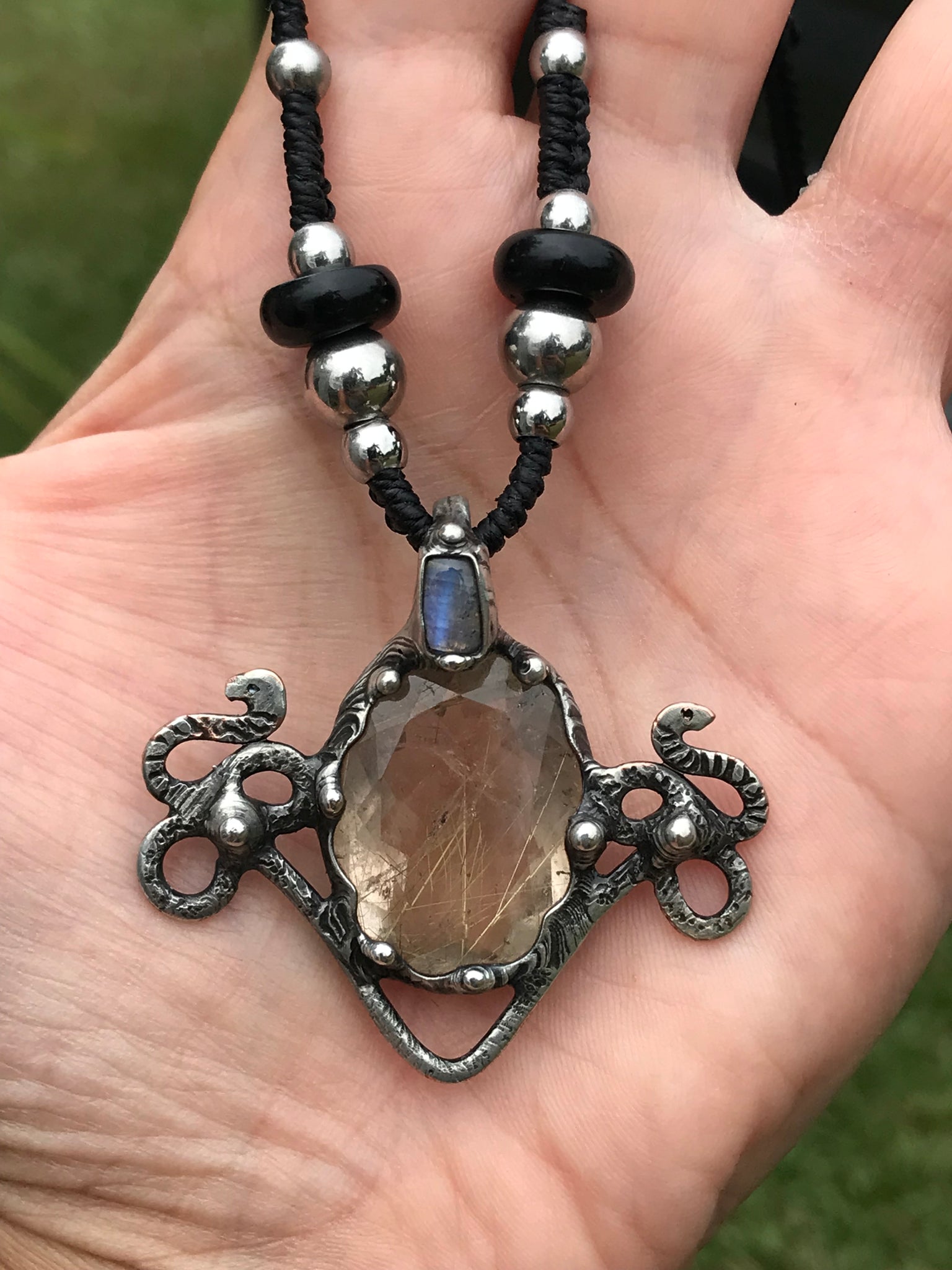 High priestess Golden Rutile and blue flash labradorite serpent pendant
