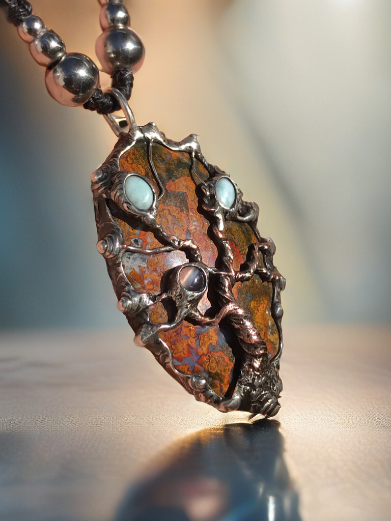Twisted tree on brecciated jasper adorned with larimar and moonstone….tigereye in the strap