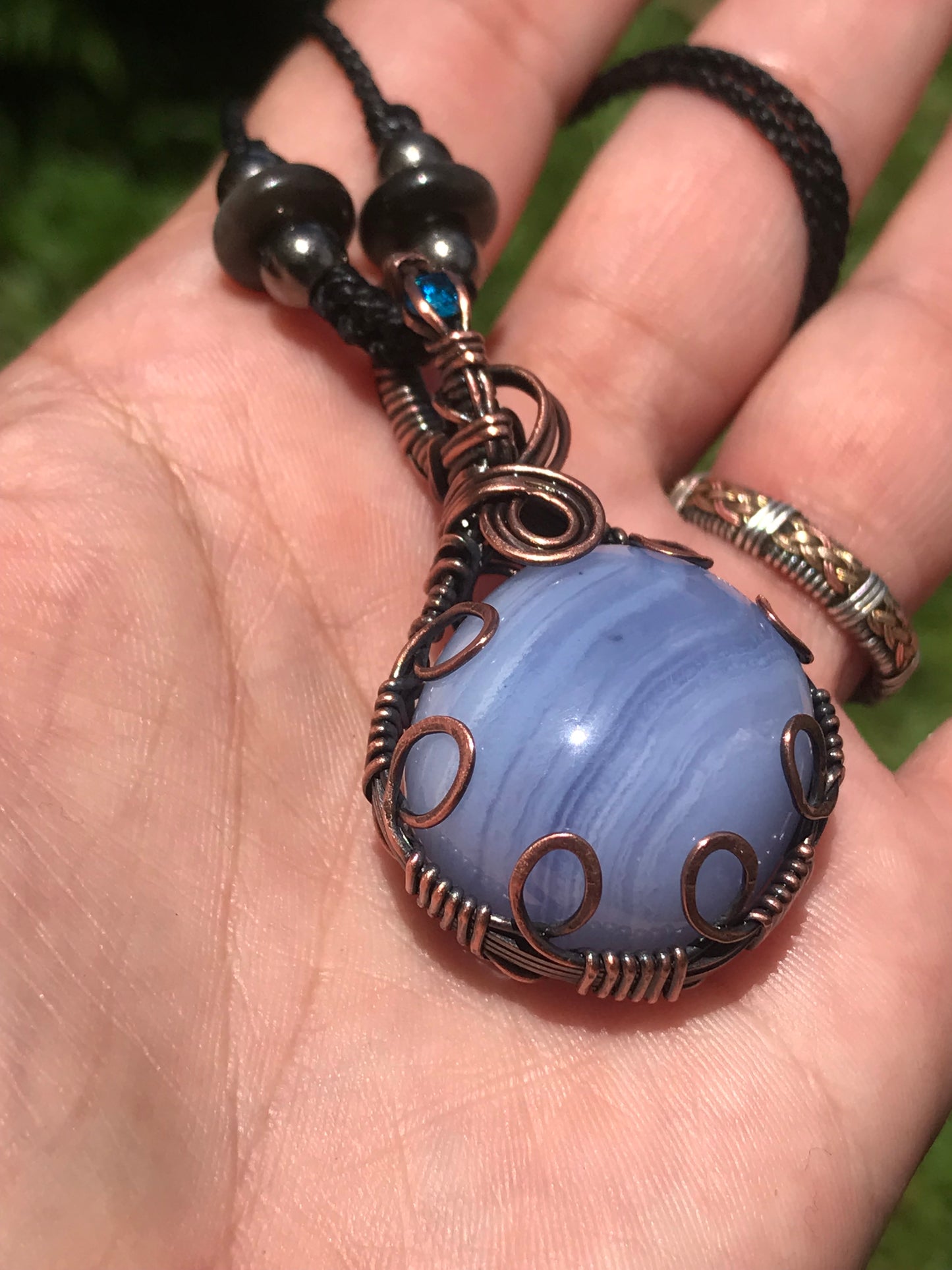 Blue lace agate wire wrap pendant with extra sparkling bail and silversheen obsidian beads 💕