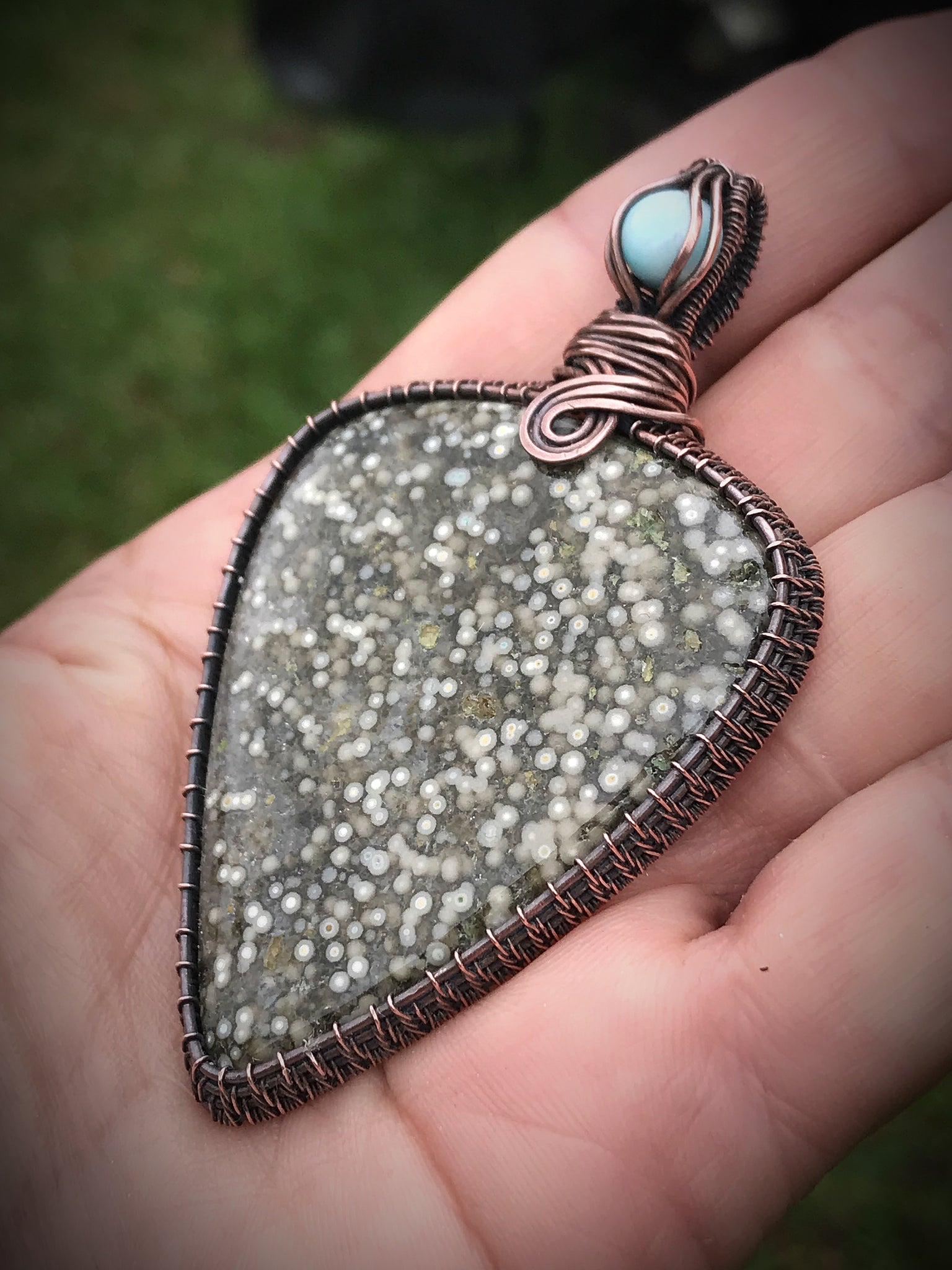 Ocean jasper and Larimar wite wrap crystal pendant