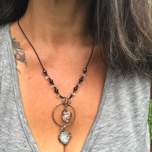 Reserved forMarisa Hammered copper pendant with Herkimer diamond crystal with Moonstone and smoky quartz