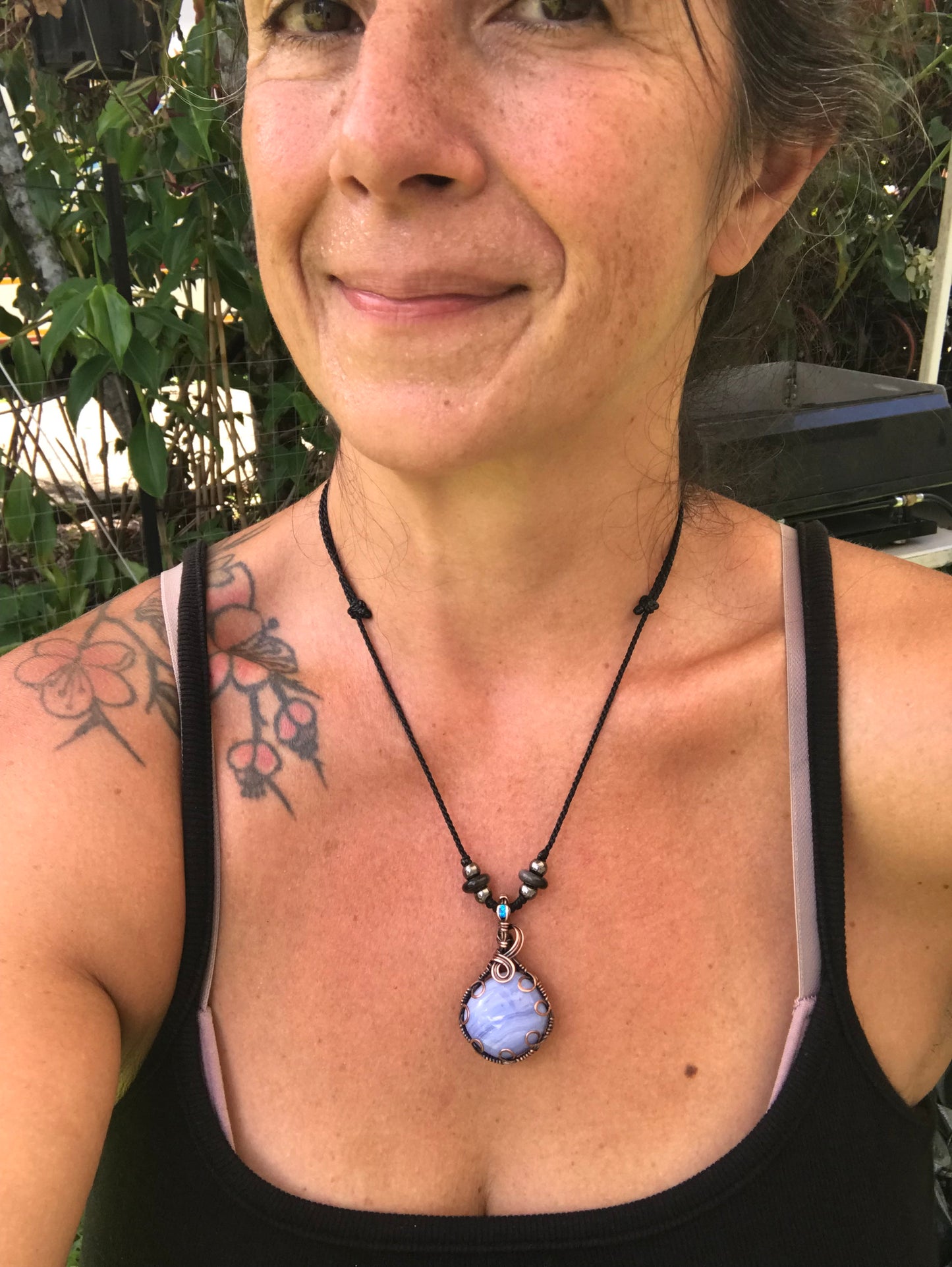 Blue lace agate wire wrap pendant with extra sparkling bail and silversheen obsidian beads 💕