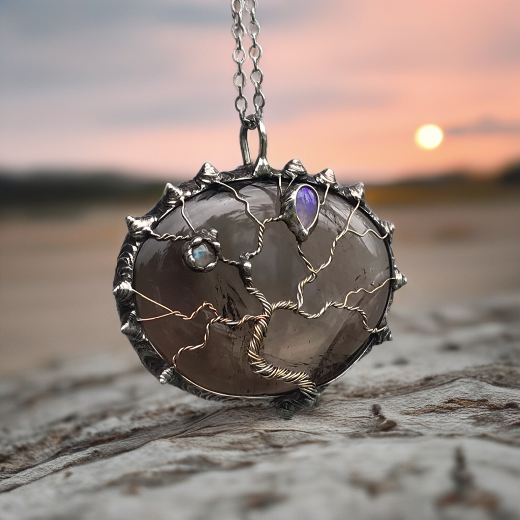 Tree of Life on Smoky Quartz with Ethiopian Opal and labradorite