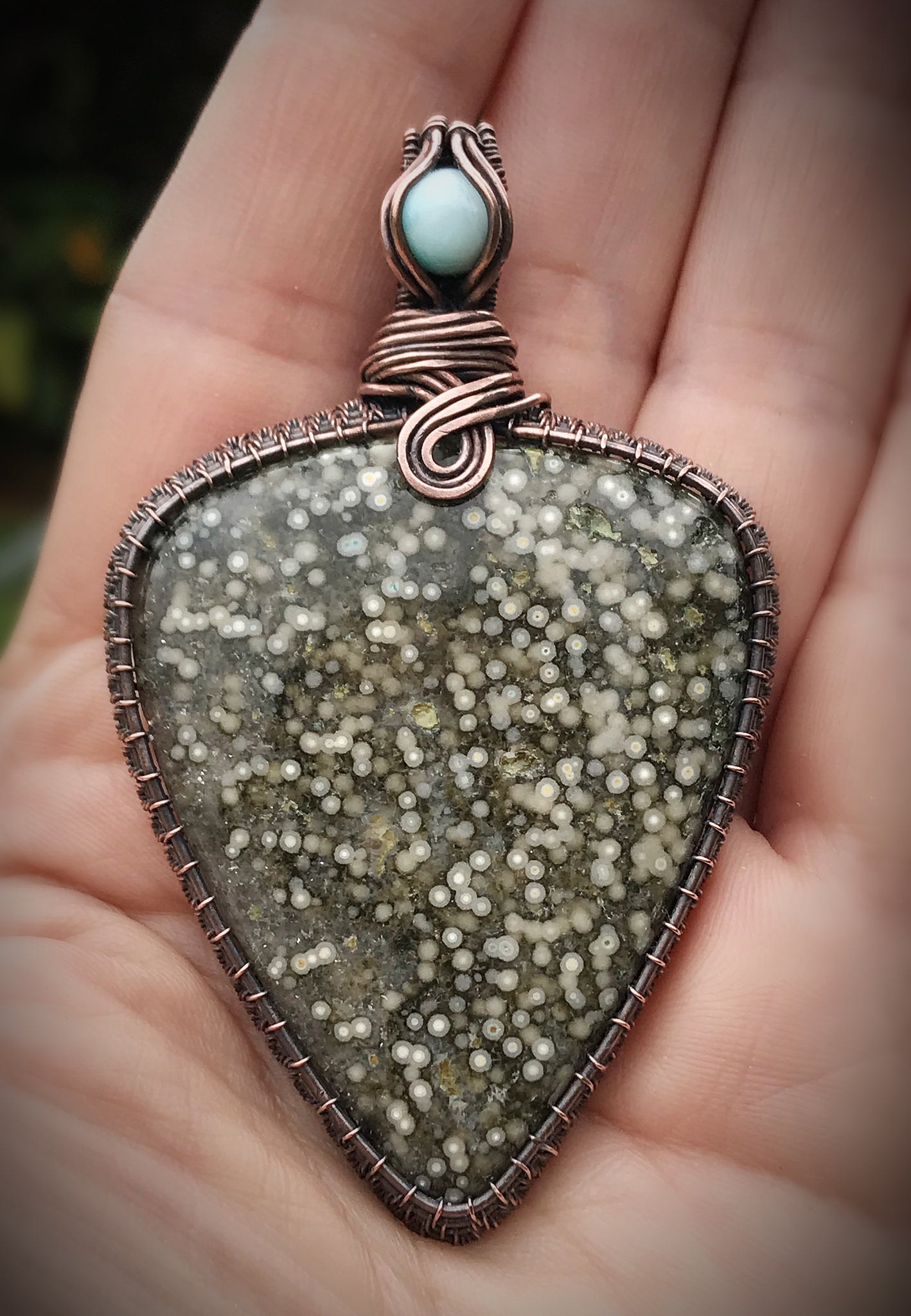 Ocean jasper and Larimar wite wrap crystal pendant