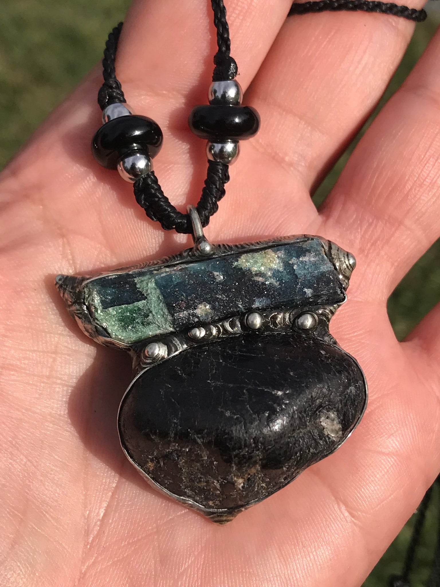 Black Tourmaline and Fuchsite in kyanite pendant
