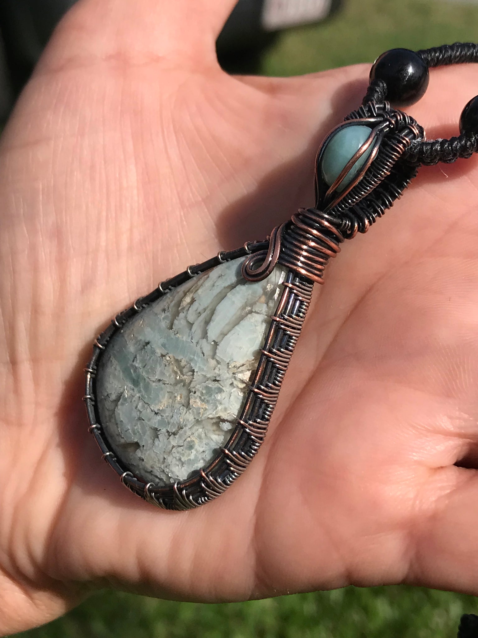 Larimar and blue calcite crystal pendant