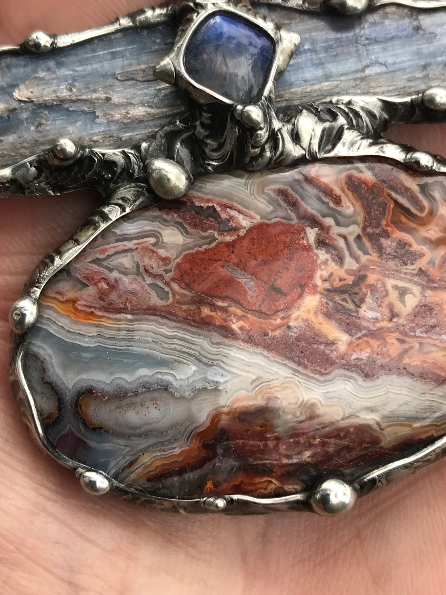 Crazy Lace Agate, blue Kyanite and moonstone triple statement pendant