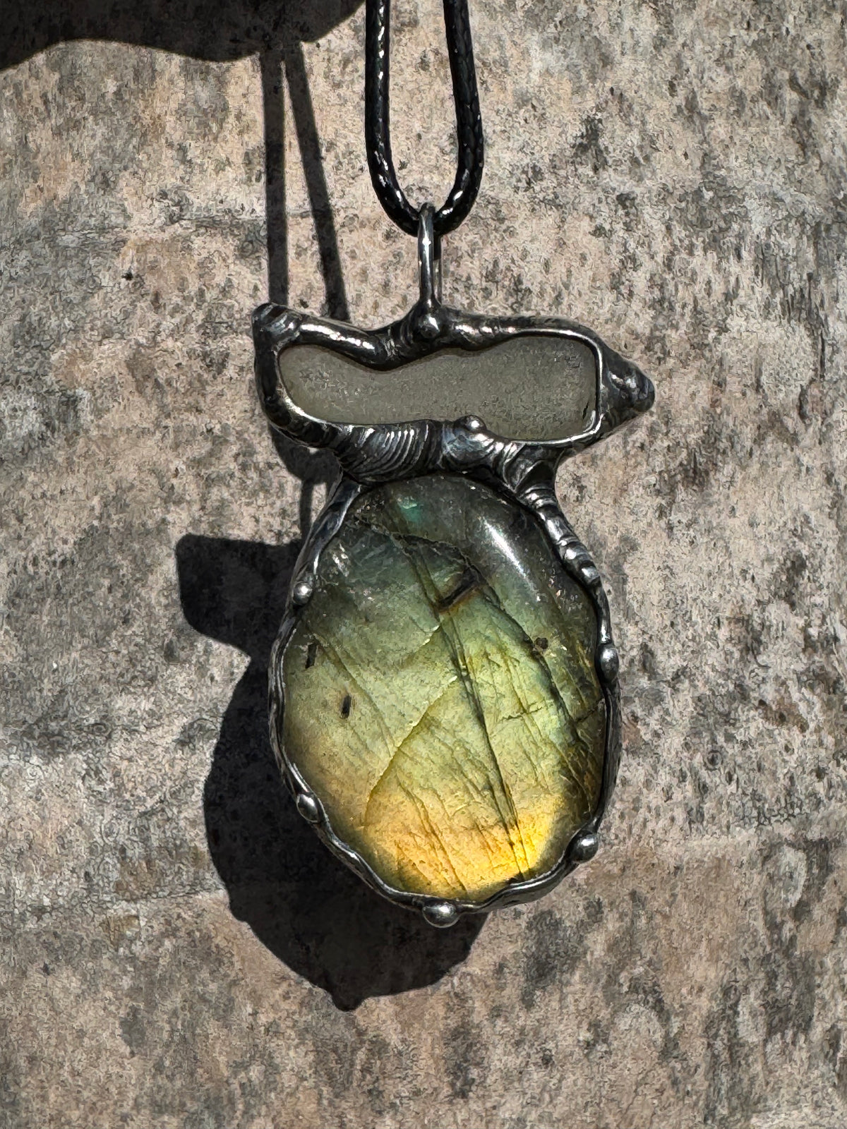 Golden Multiflash Labradorite and Seaglass pendant