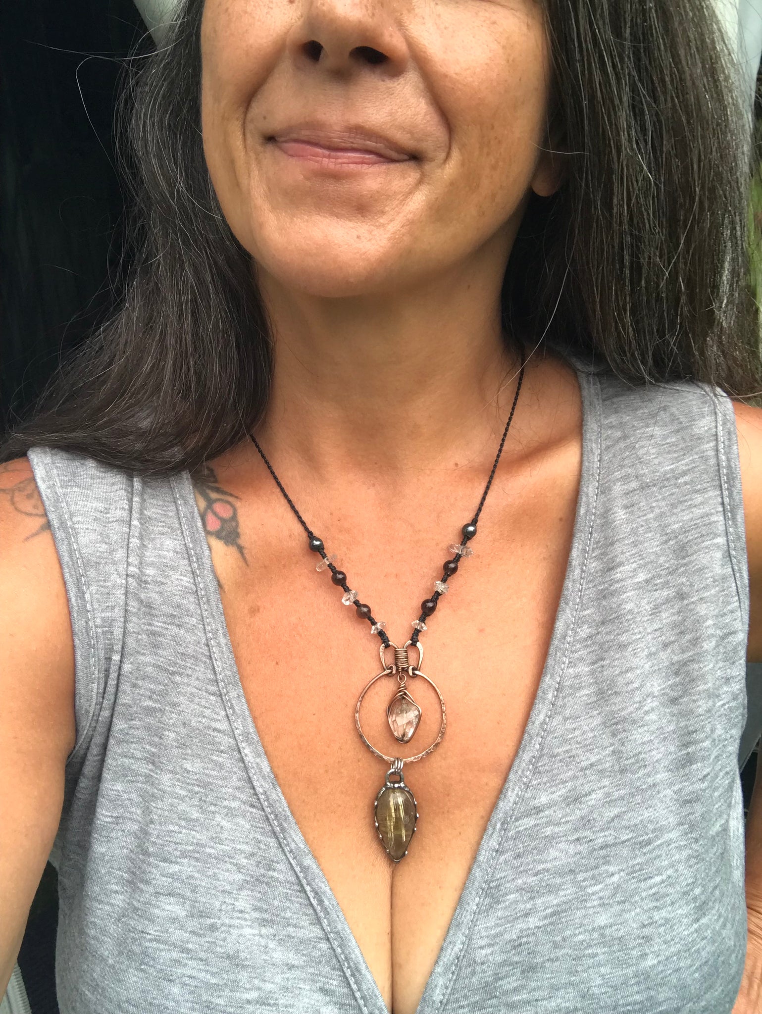 Reserved for Rachael Hammered copper pendant with Herkimer diamond crystal, Golden Rutilated and smoky quartz