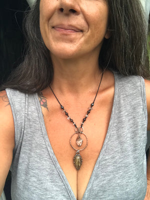 Reserved for Rachael Hammered copper pendant with Herkimer diamond crystal, Golden Rutilated and smoky quartz