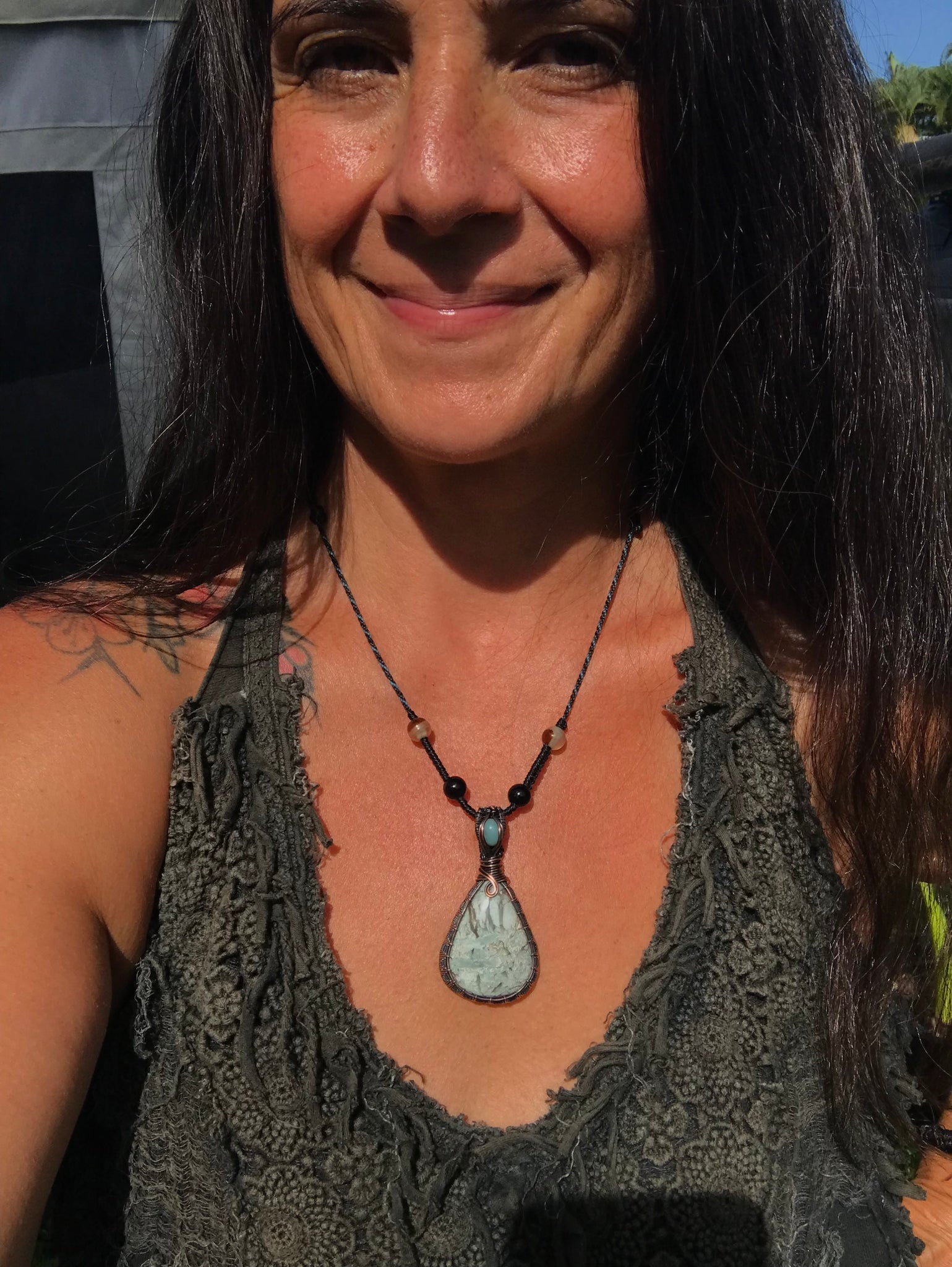 Larimar and blue calcite crystal pendant