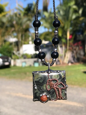 Kambaba Jasper with giant mushrooms (Prototaxites) and goldstone portal