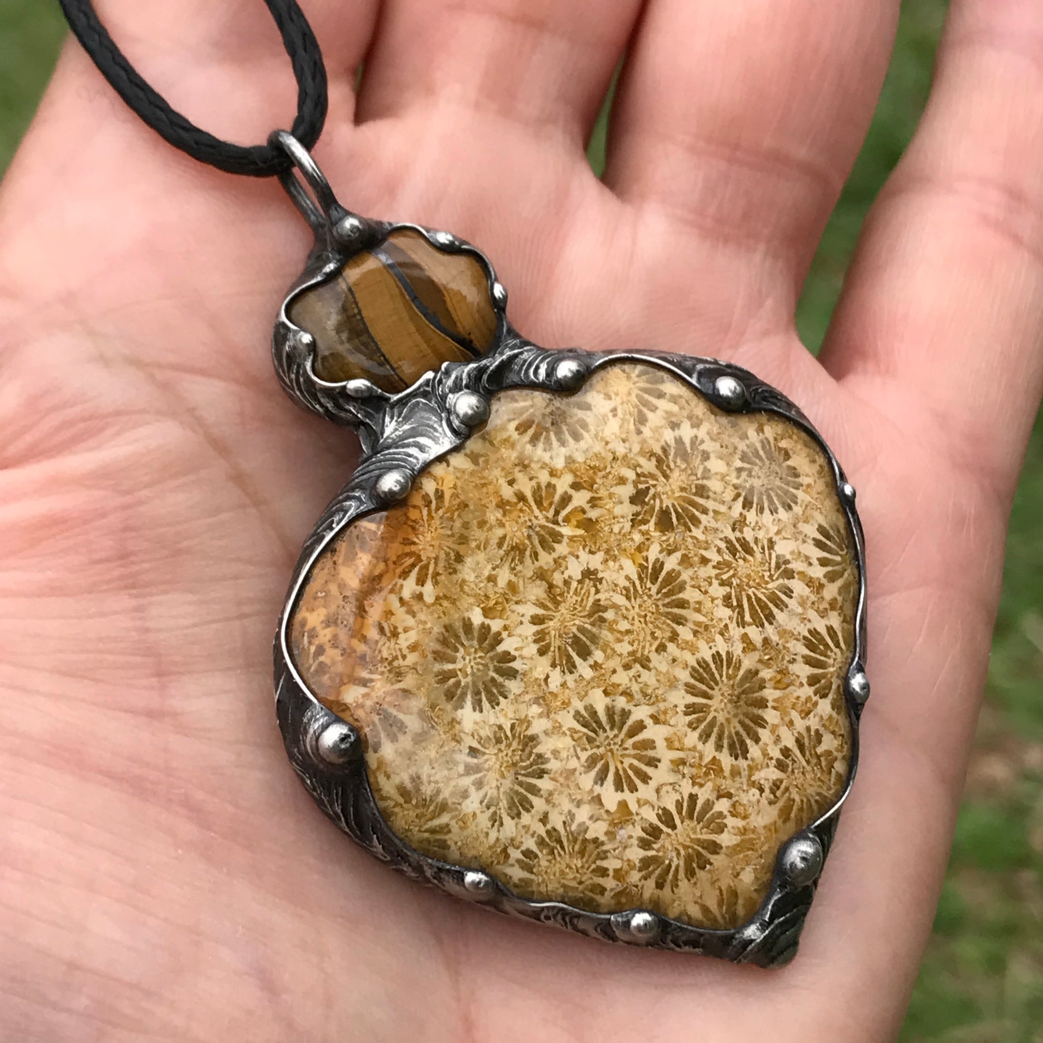 Statement pendant-Fossilised Coral and Tigereye goddess