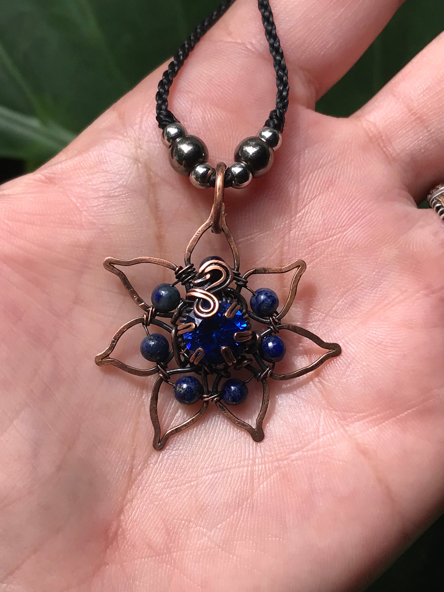 Copper crafted lotus flower pendant with Lapis Lazuli