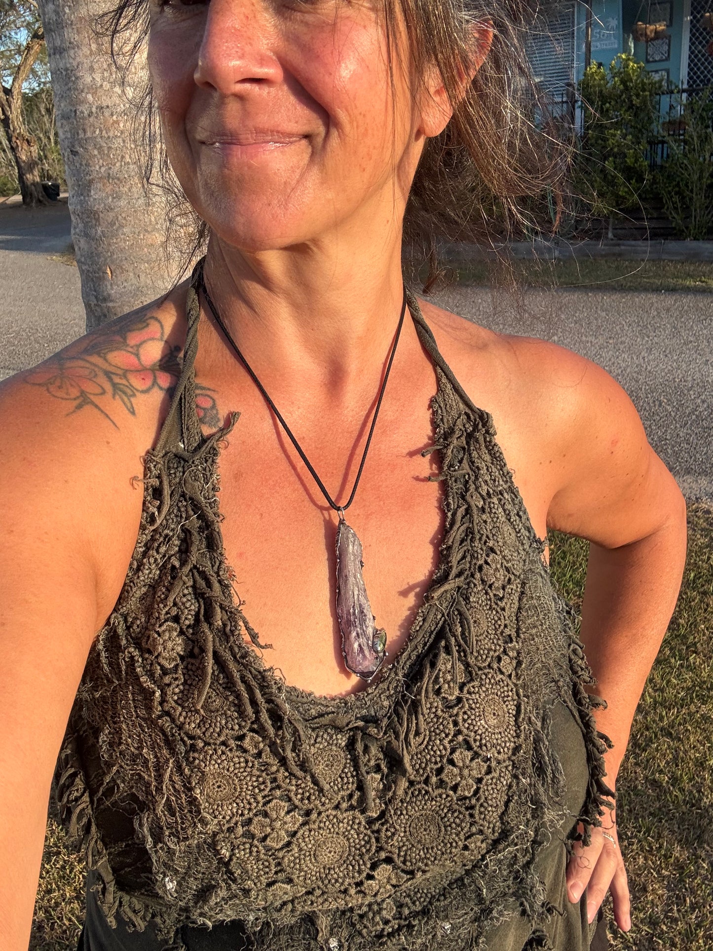 Bahia Amethyst ‘Dragons tooth’ adorned with green Kyanite point✨